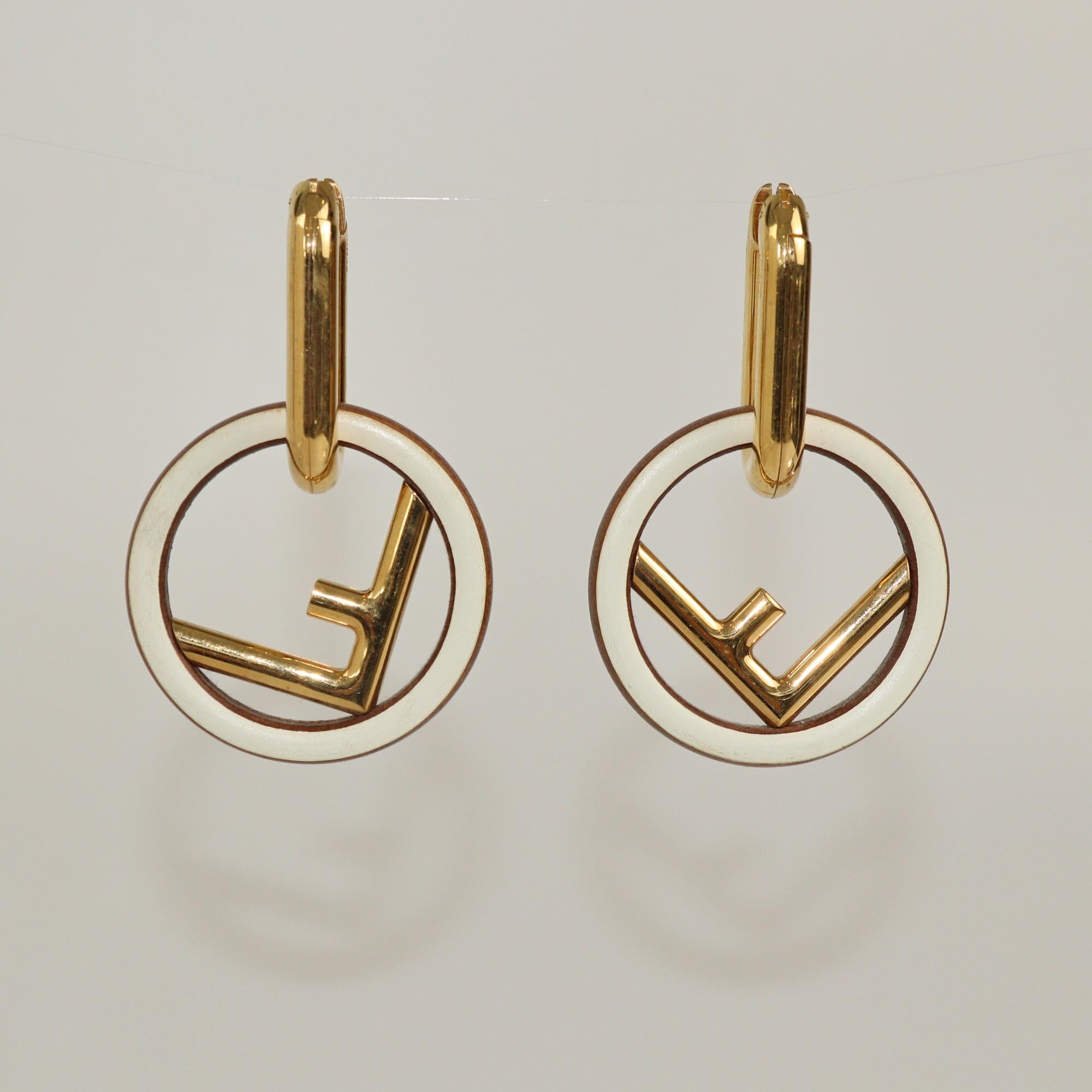 Fendi White/Gold Tone F is Fendi Drop Hoop Earrings Womens Fendi