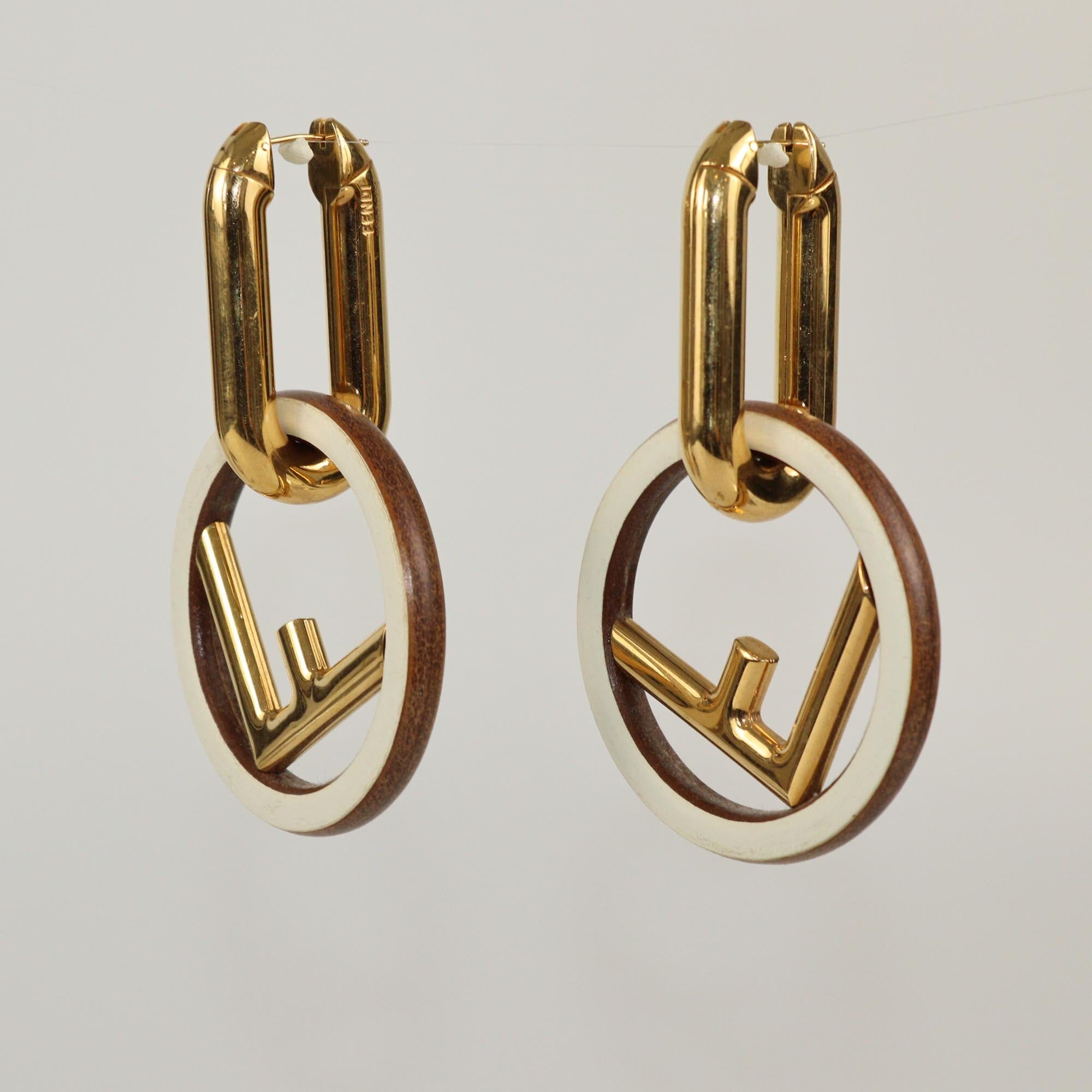 Fendi White/Gold Tone F is Fendi Drop Hoop Earrings Womens Fendi