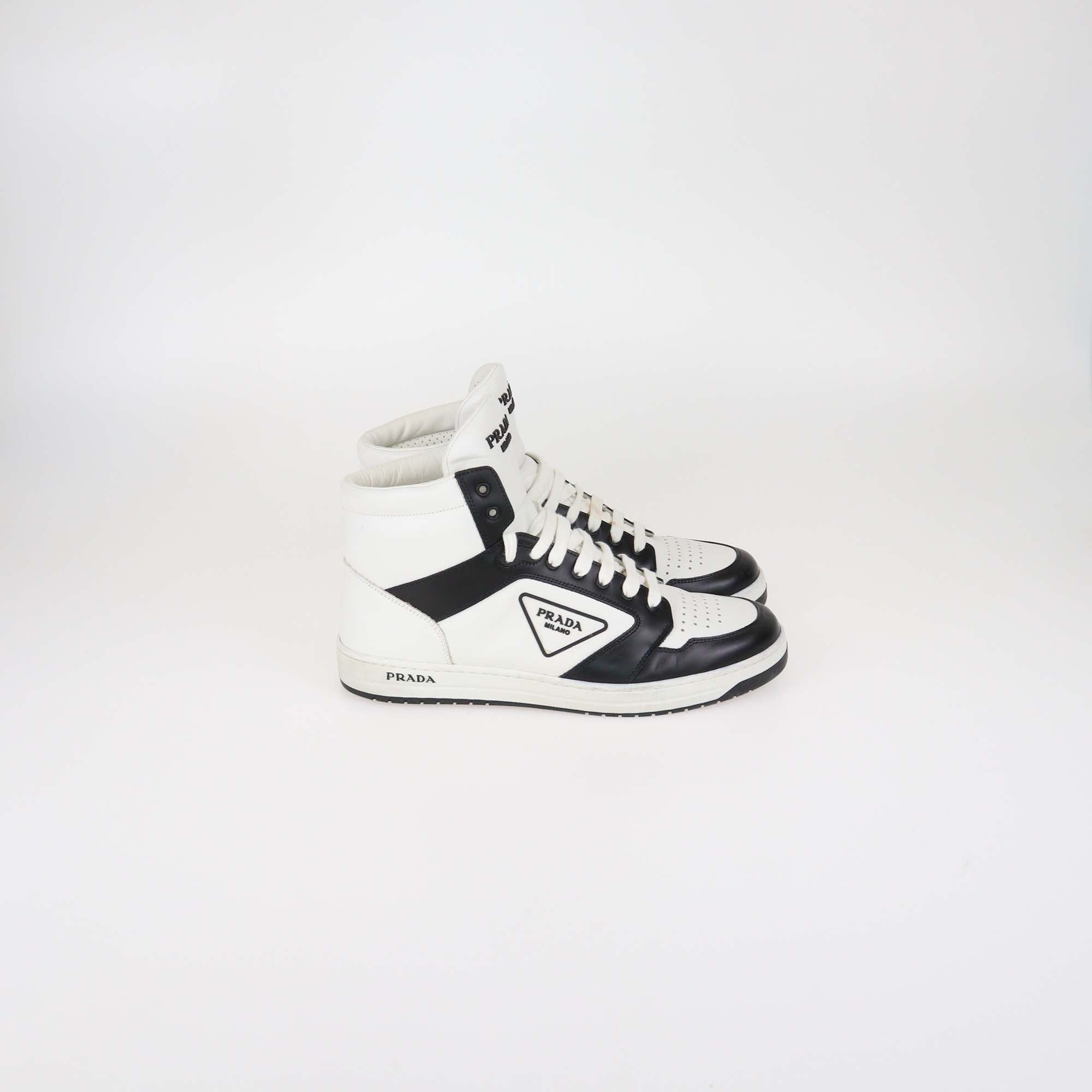Prada White/Black Leather Avenue High Top Sneakers