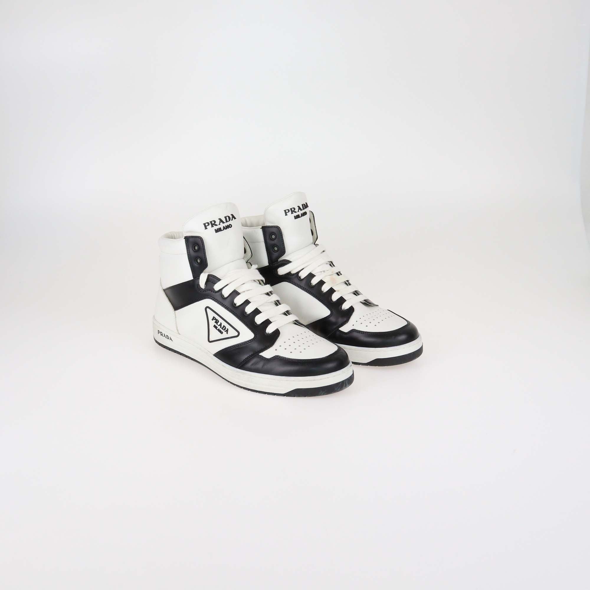 Prada White/Black Leather Avenue High Top Sneakers