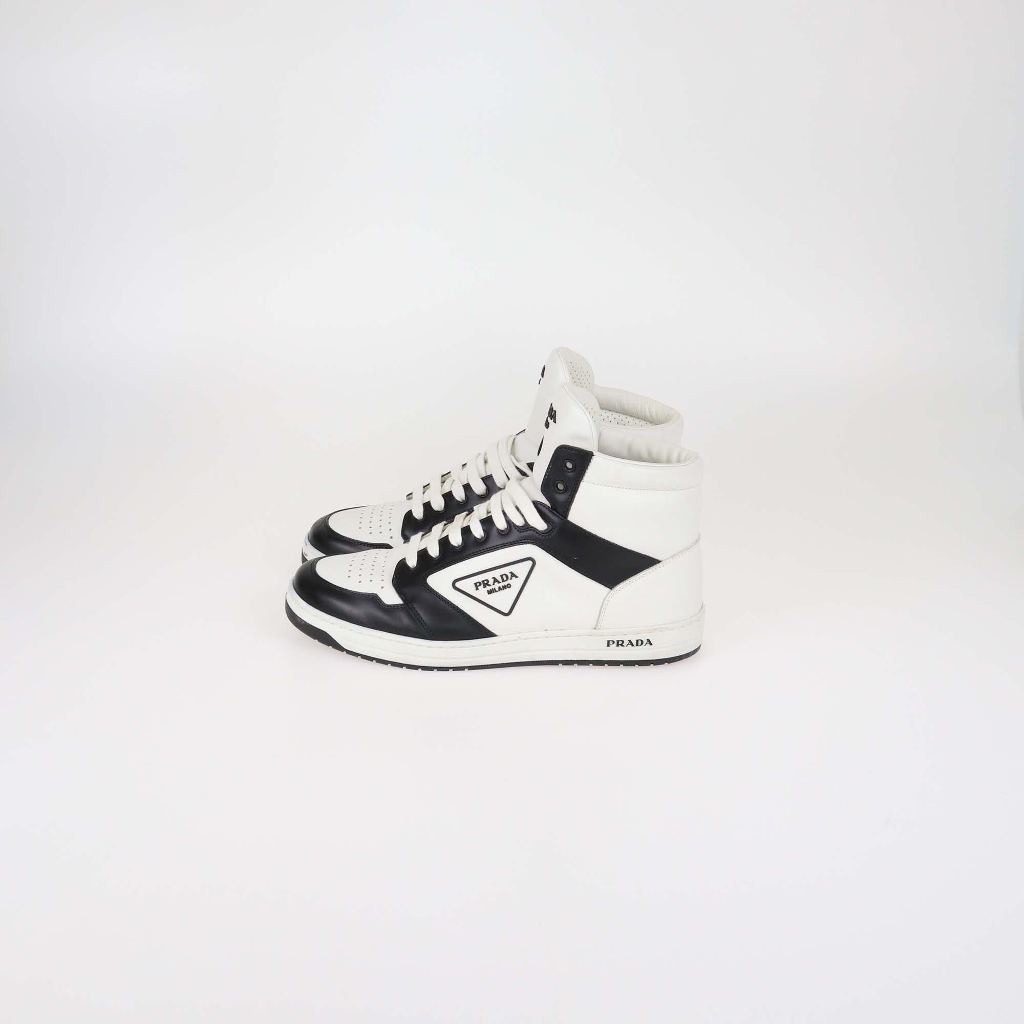 Prada White/Black Leather Avenue High Top Sneakers