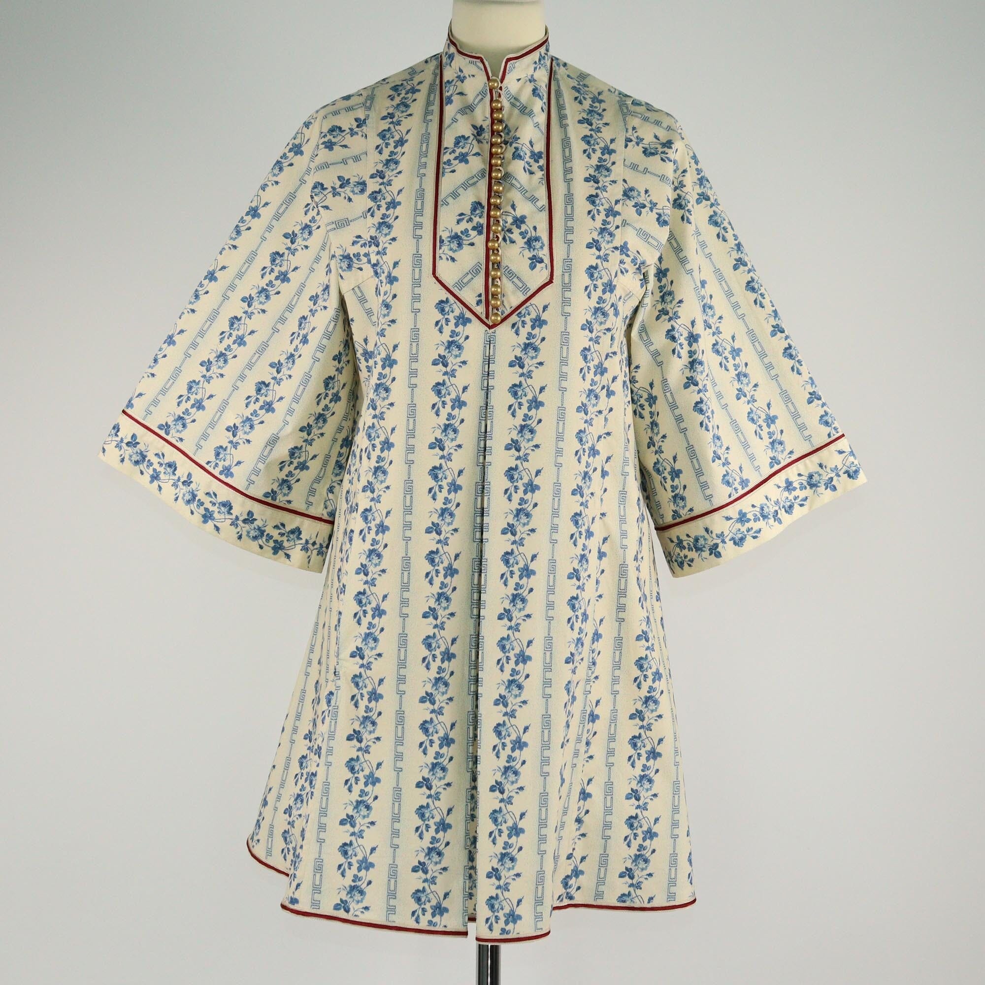 Gucci Cream/Blue Floral Printed Three Quarter Sleeve Mini Dress Womens Gucci