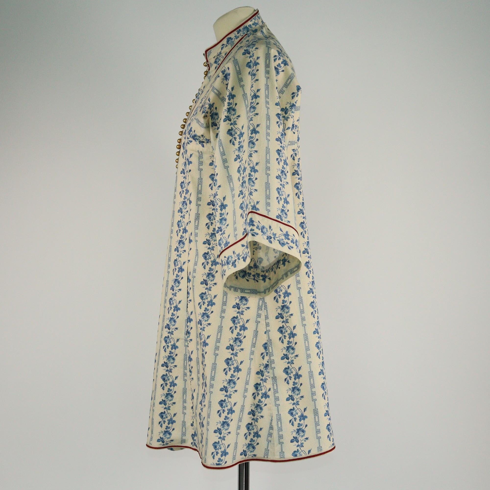 Gucci Cream/Blue Floral Printed Three Quarter Sleeve Mini Dress Womens Gucci