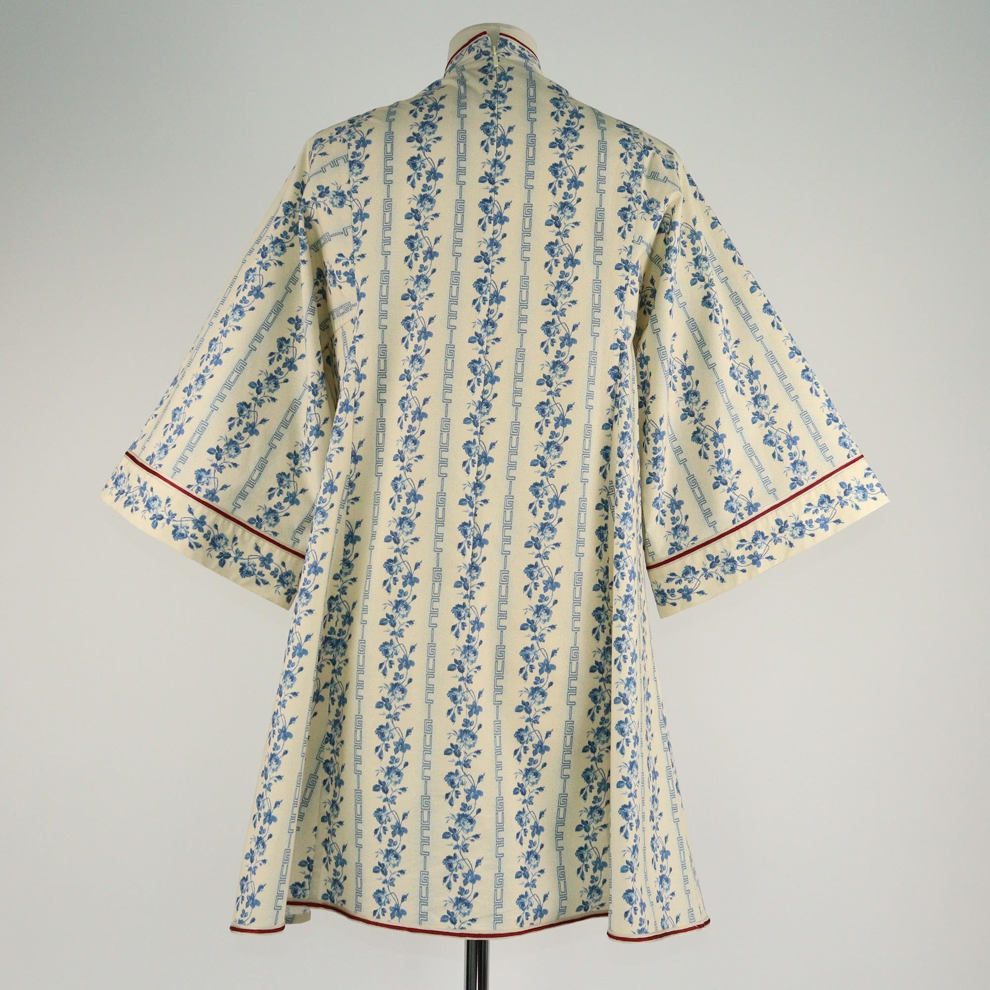 Gucci Cream/Blue Floral Printed Three Quarter Sleeve Mini Dress Womens Gucci