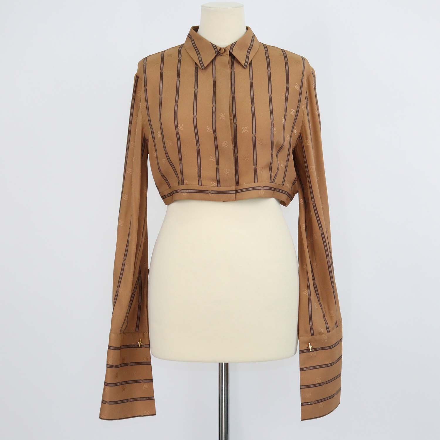 Fendi Brown Silk Striped logo Long Sleeve Crop Top