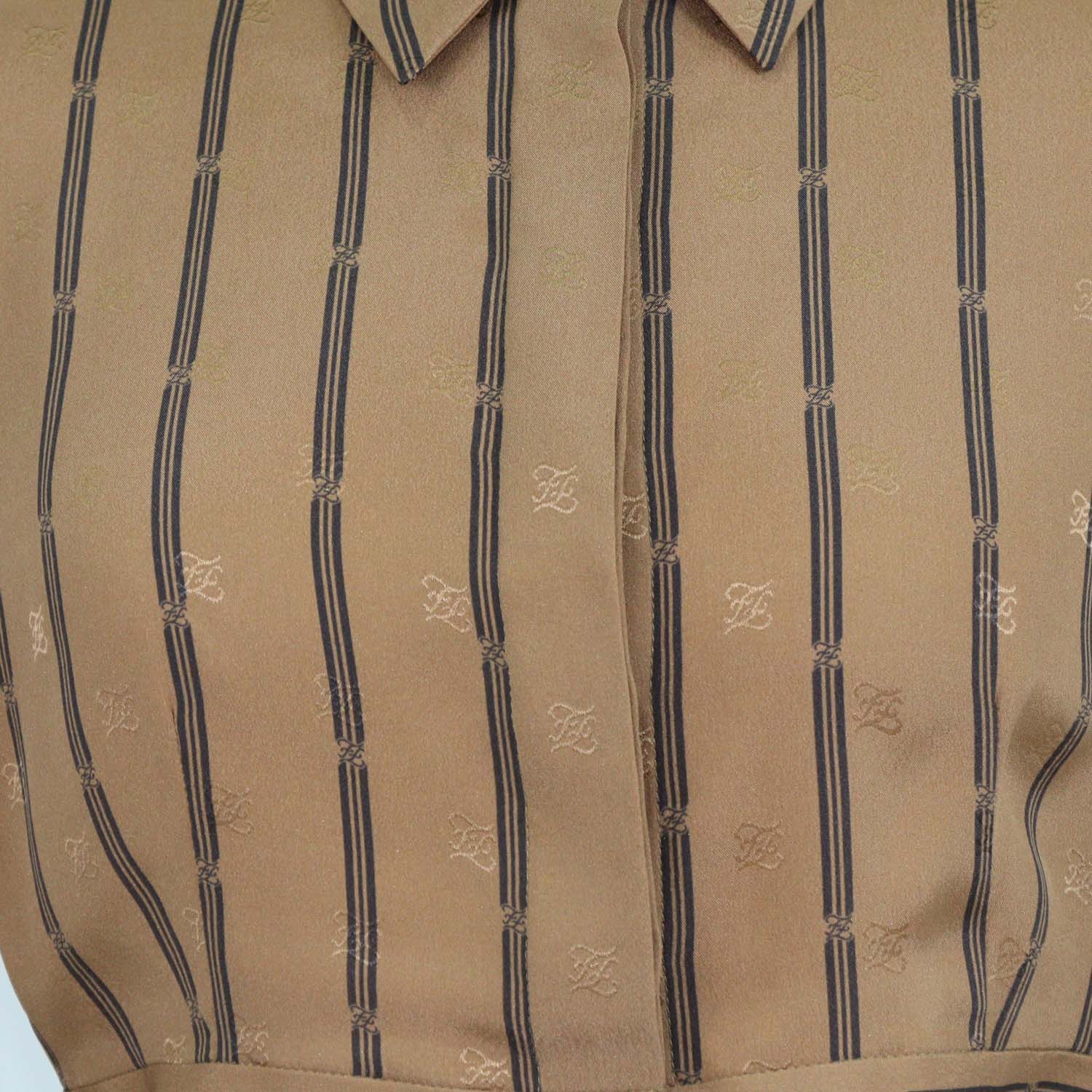 Fendi Brown Silk Striped logo Long Sleeve Crop Top