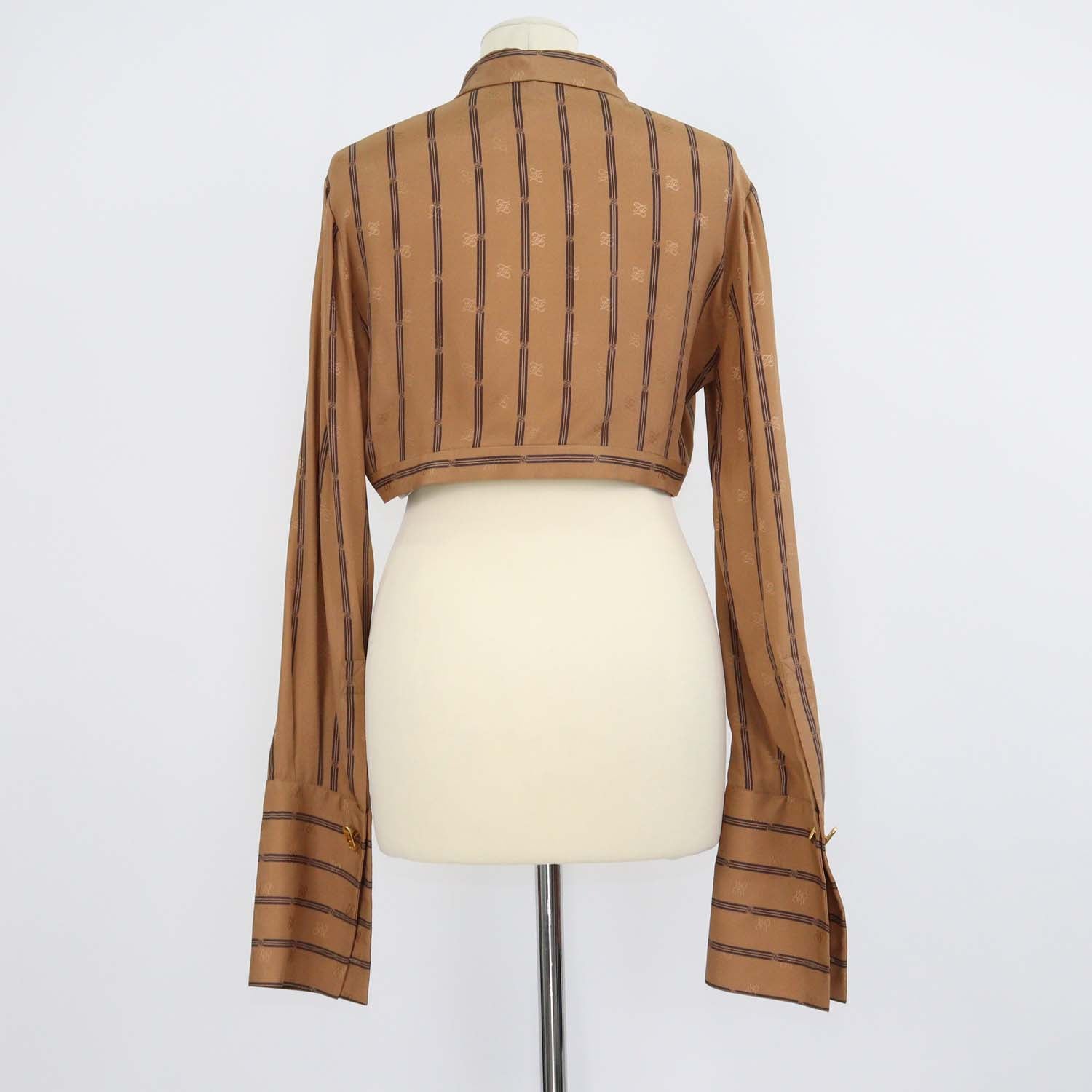 Fendi Brown Silk Striped logo Long Sleeve Crop Top