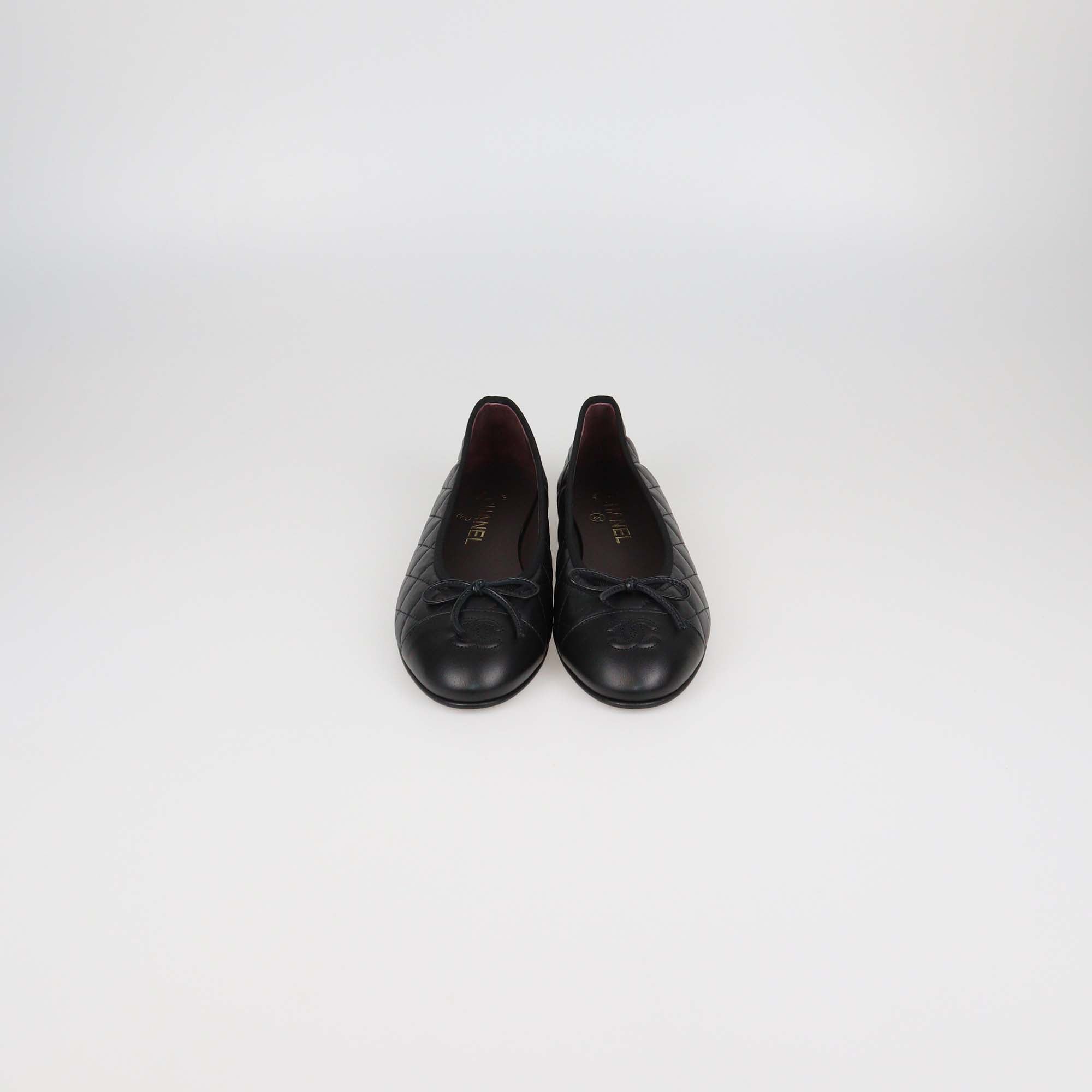 Chanel Black Quilted Leather Bow CC Cap Toe Flats