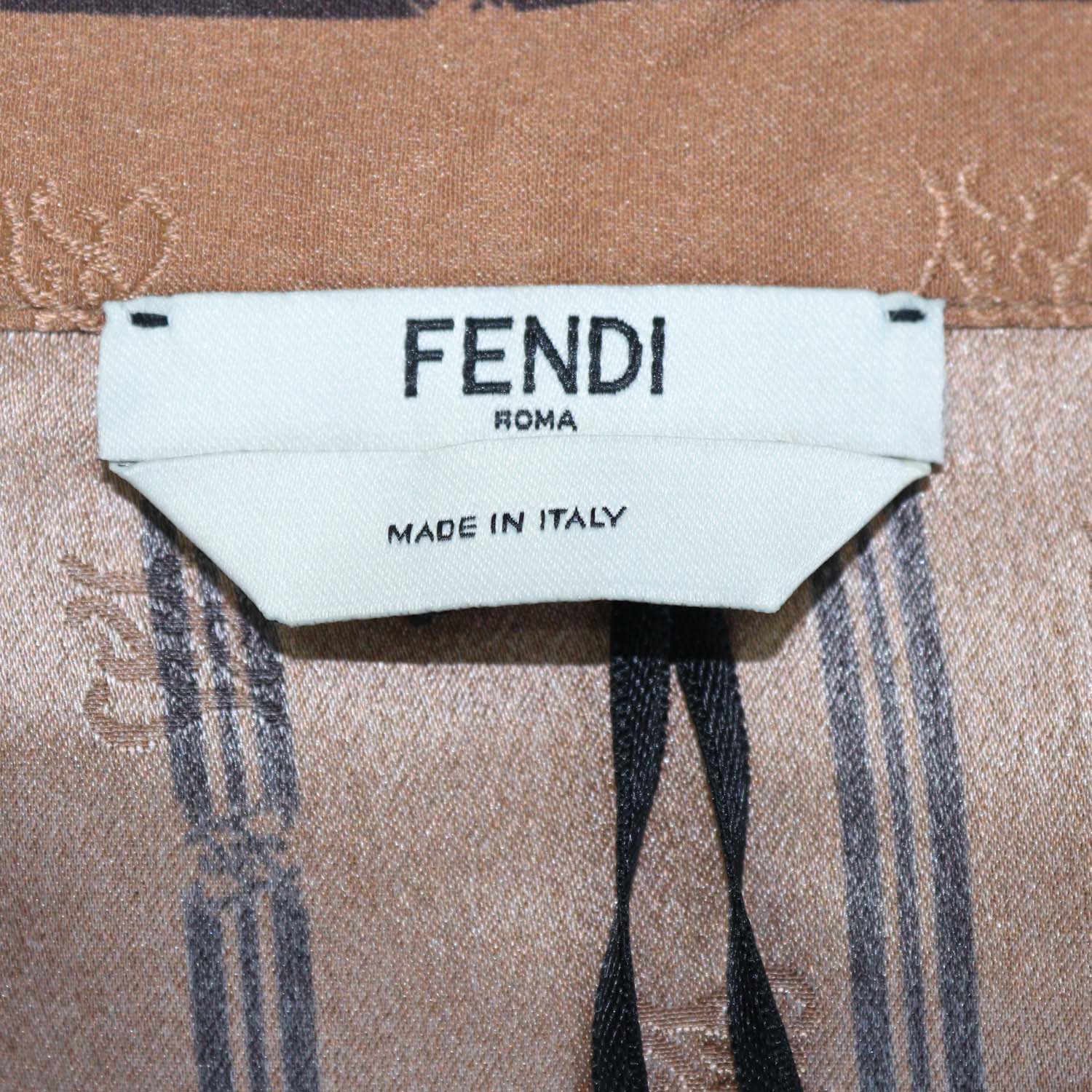 Fendi Brown Silk Striped logo Long Sleeve Crop Top