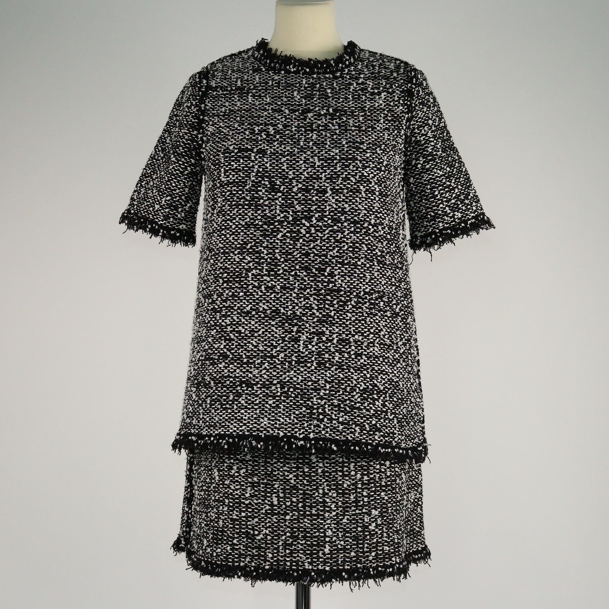 Balenciaga Black Lurex Tweed Fringed Top & Mini Skirt Set Womens Balenciaga