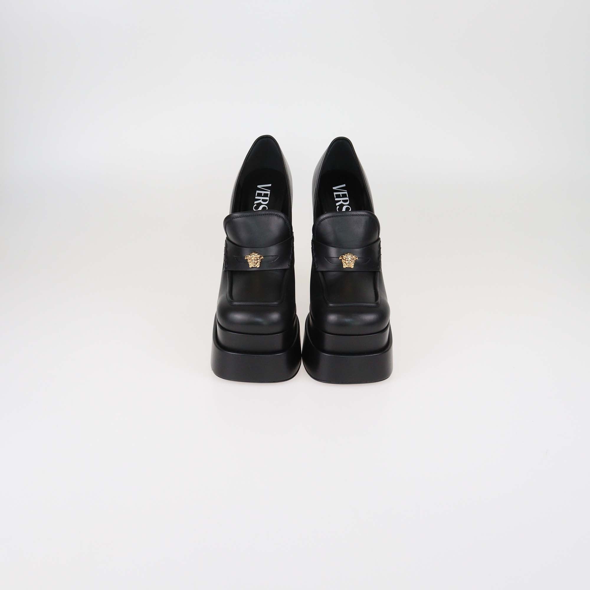 Versace Black Leather Aevitas Platform Loafers