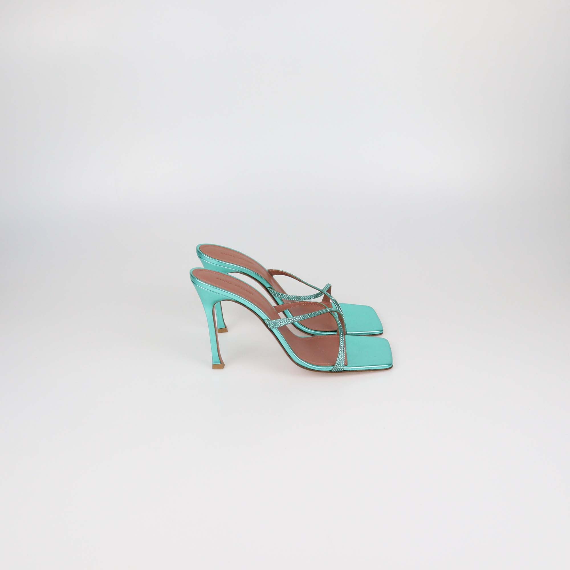 Amina Muaddi Metallic Green Leather Adrianna Crystal Slide Sandals