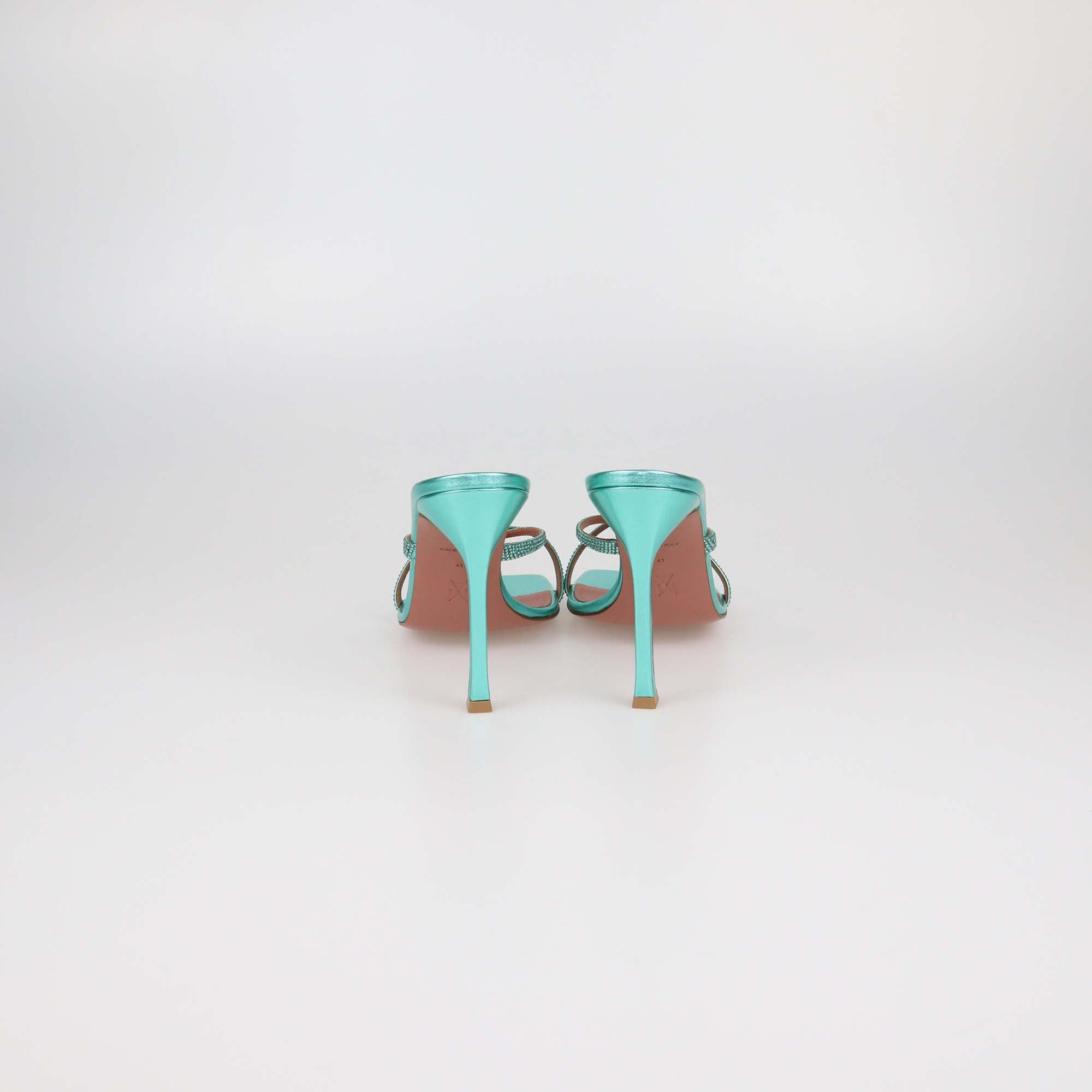 Amina Muaddi Metallic Green Leather Adrianna Crystal Slide Sandals