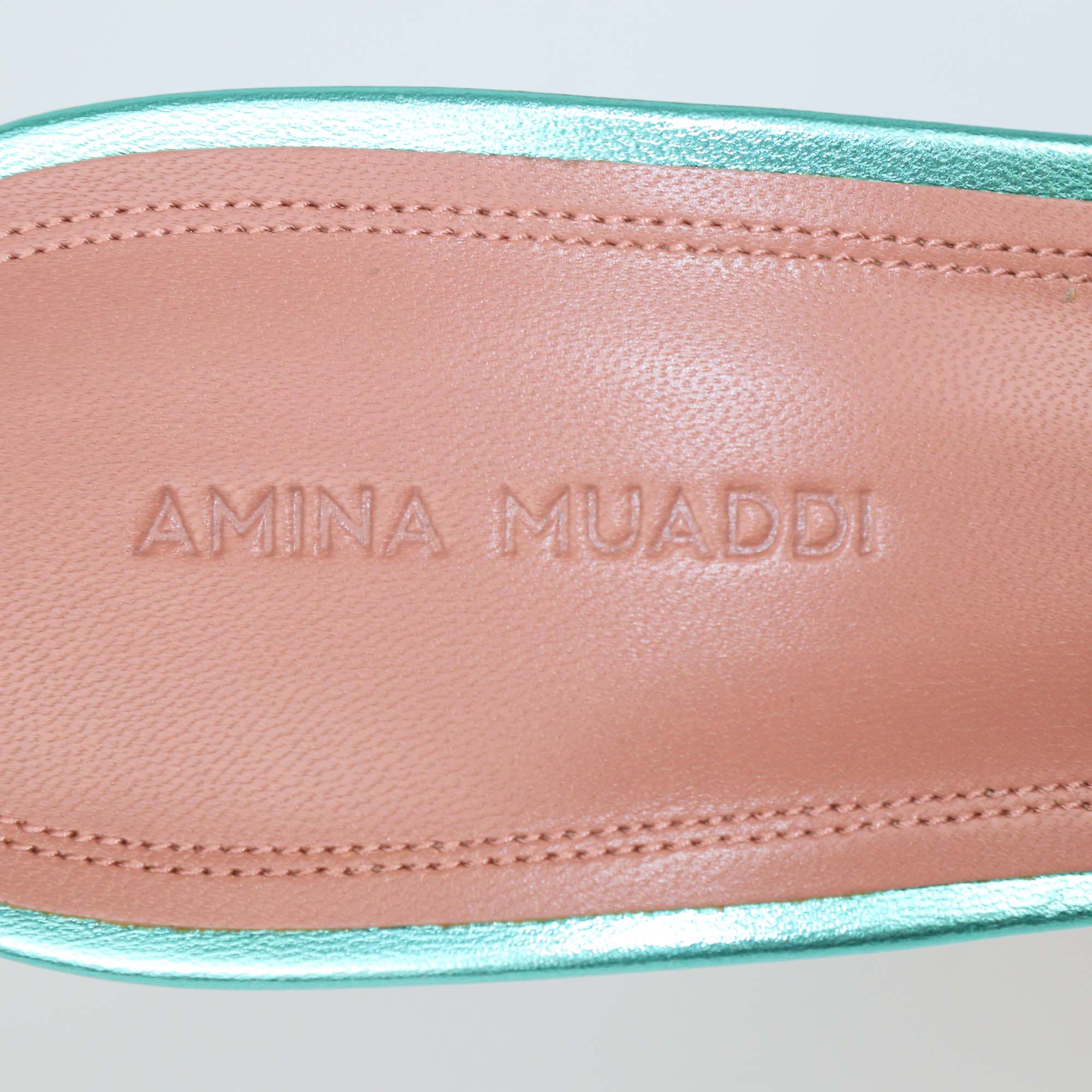 Amina Muaddi Metallic Green Leather Adrianna Crystal Slide Sandals