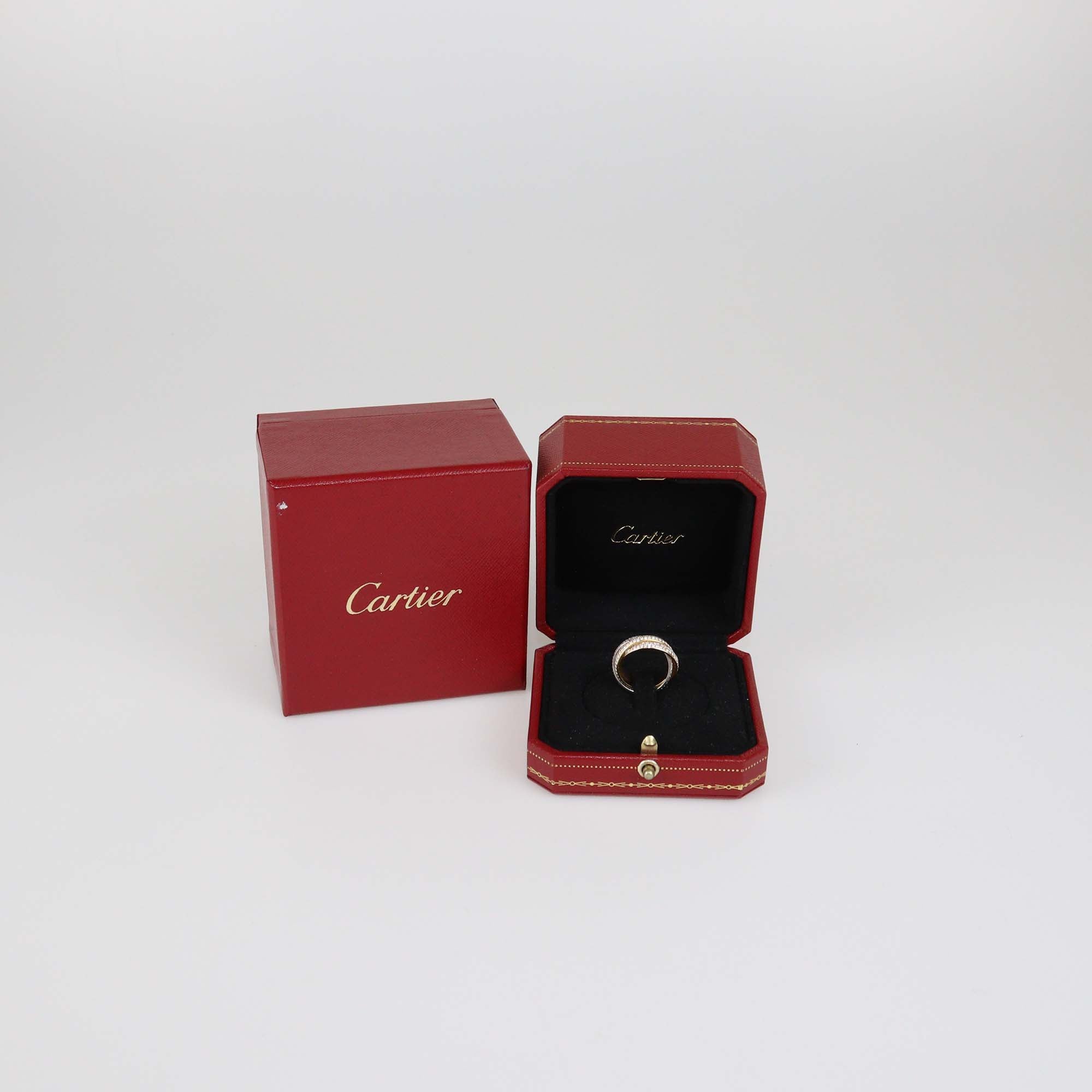 Cartier 18K Three-Tone Gold Trinity Diamond Paved Ring Size 50