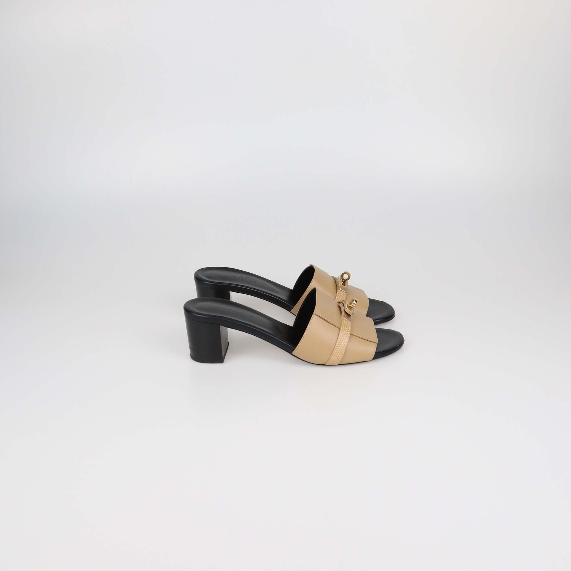 Hermes Beige Natura Leather and Lizard Gigi 50 Sandals