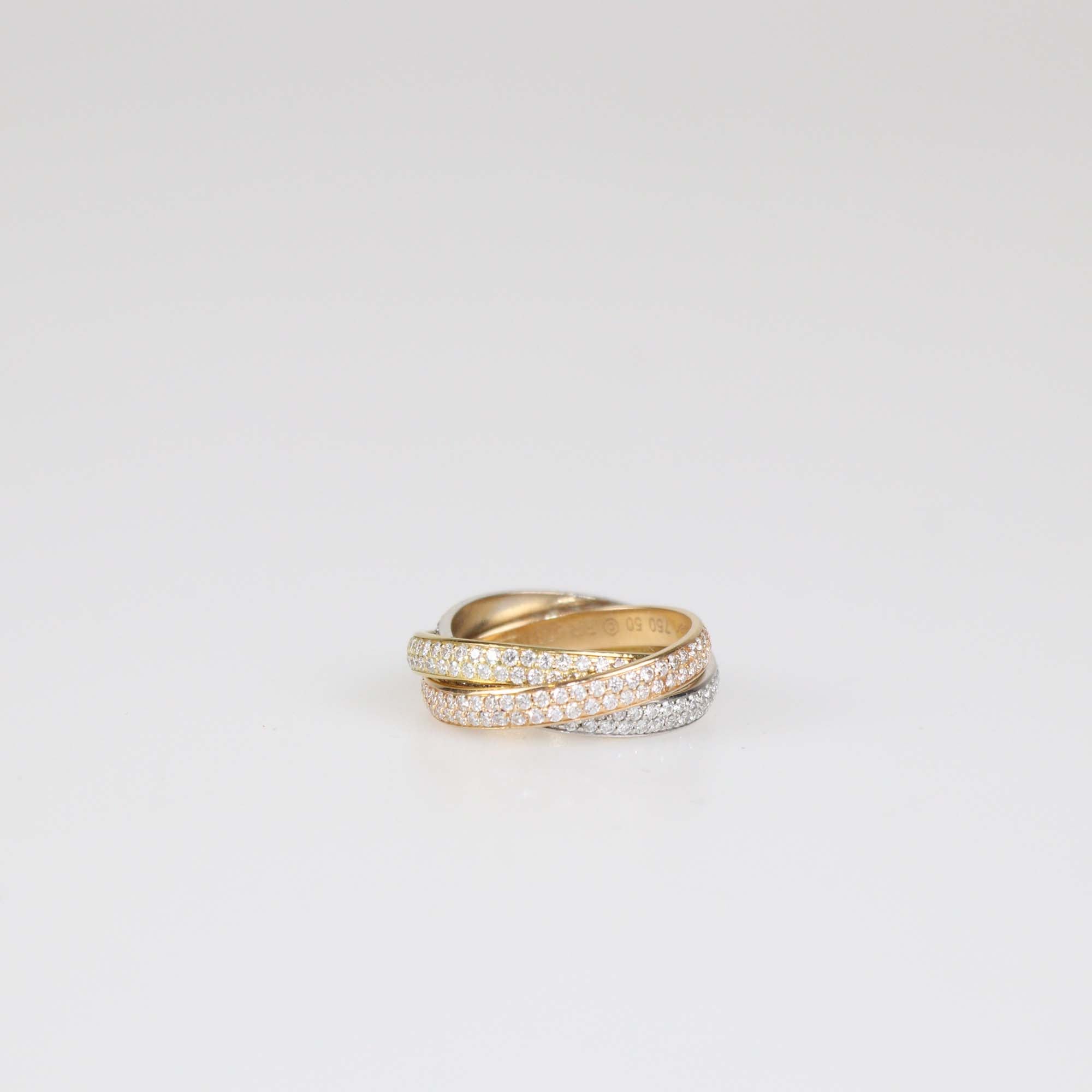 Cartier 18K Three-Tone Gold Trinity Diamond Paved Ring Size 50