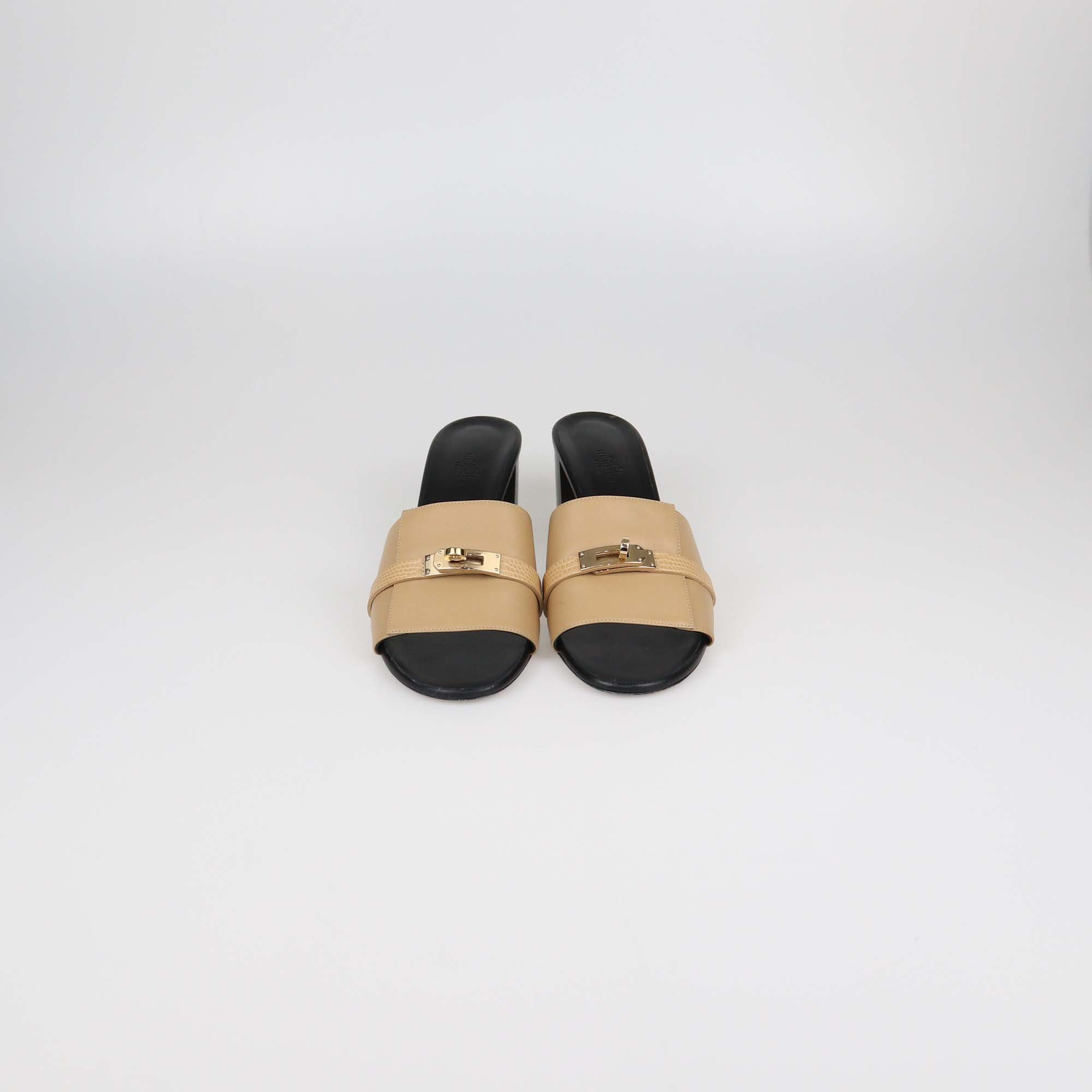Hermes Beige Natura Leather and Lizard Gigi 50 Sandals