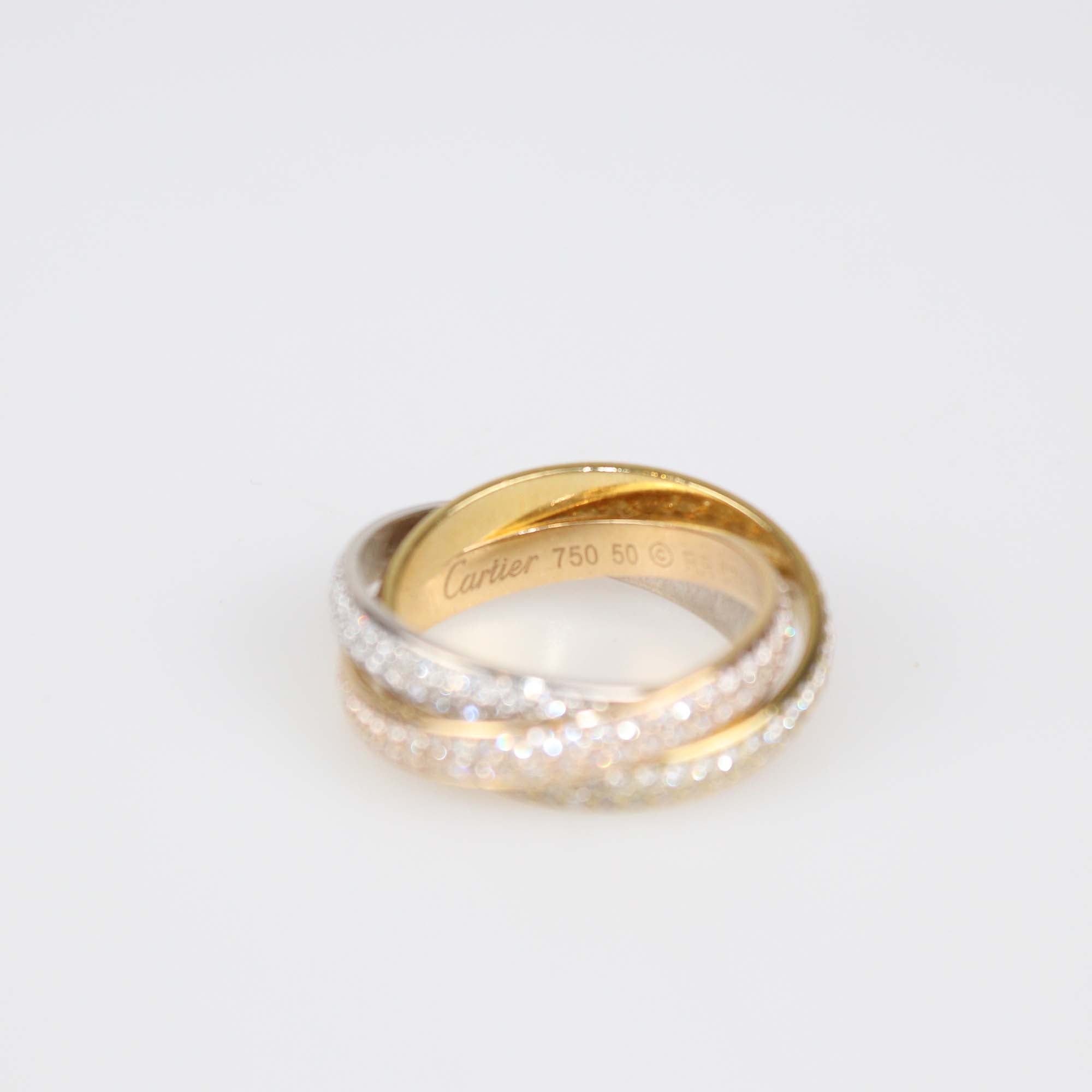 Cartier 18K Three-Tone Gold Trinity Diamond Paved Ring Size 50