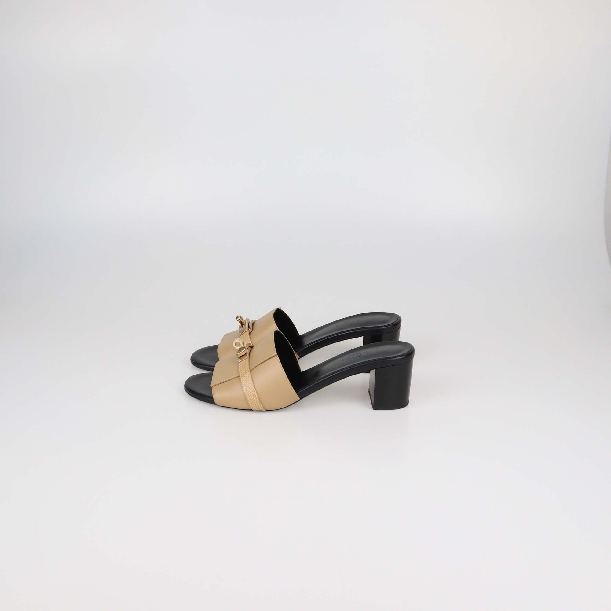 Hermes Beige Natura Leather and Lizard Gigi 50 Sandals