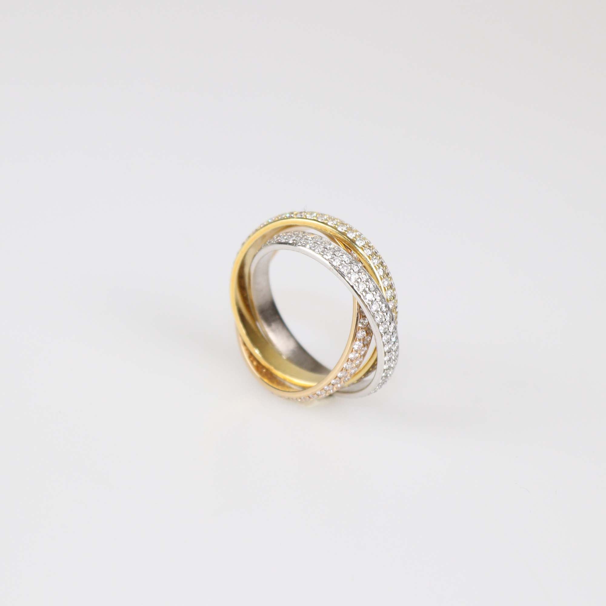 Cartier 18K Three-Tone Gold Trinity Diamond Paved Ring Size 50