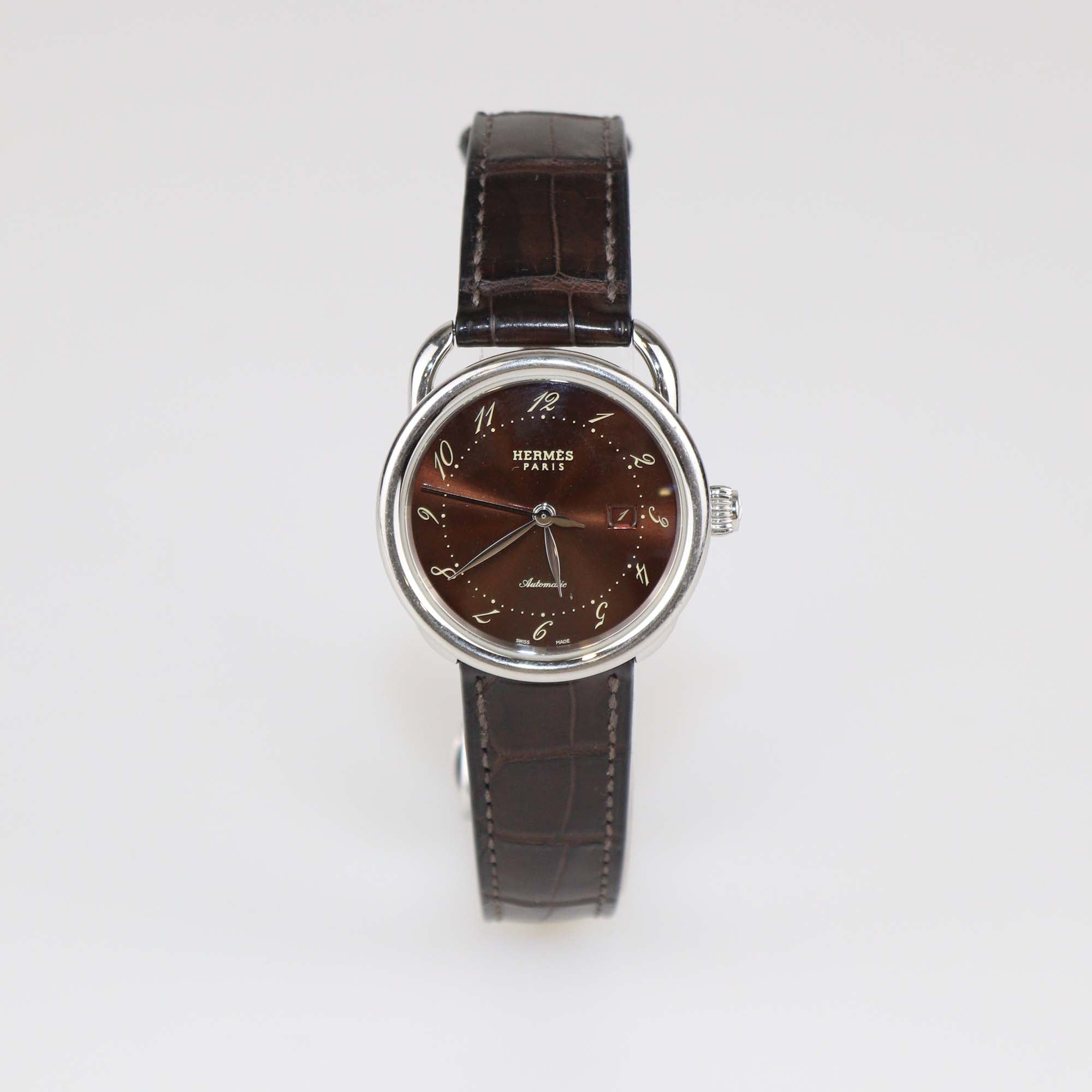 Hermes Brown Stainless Steel Alligator Leather Arceau 32 mm Watch