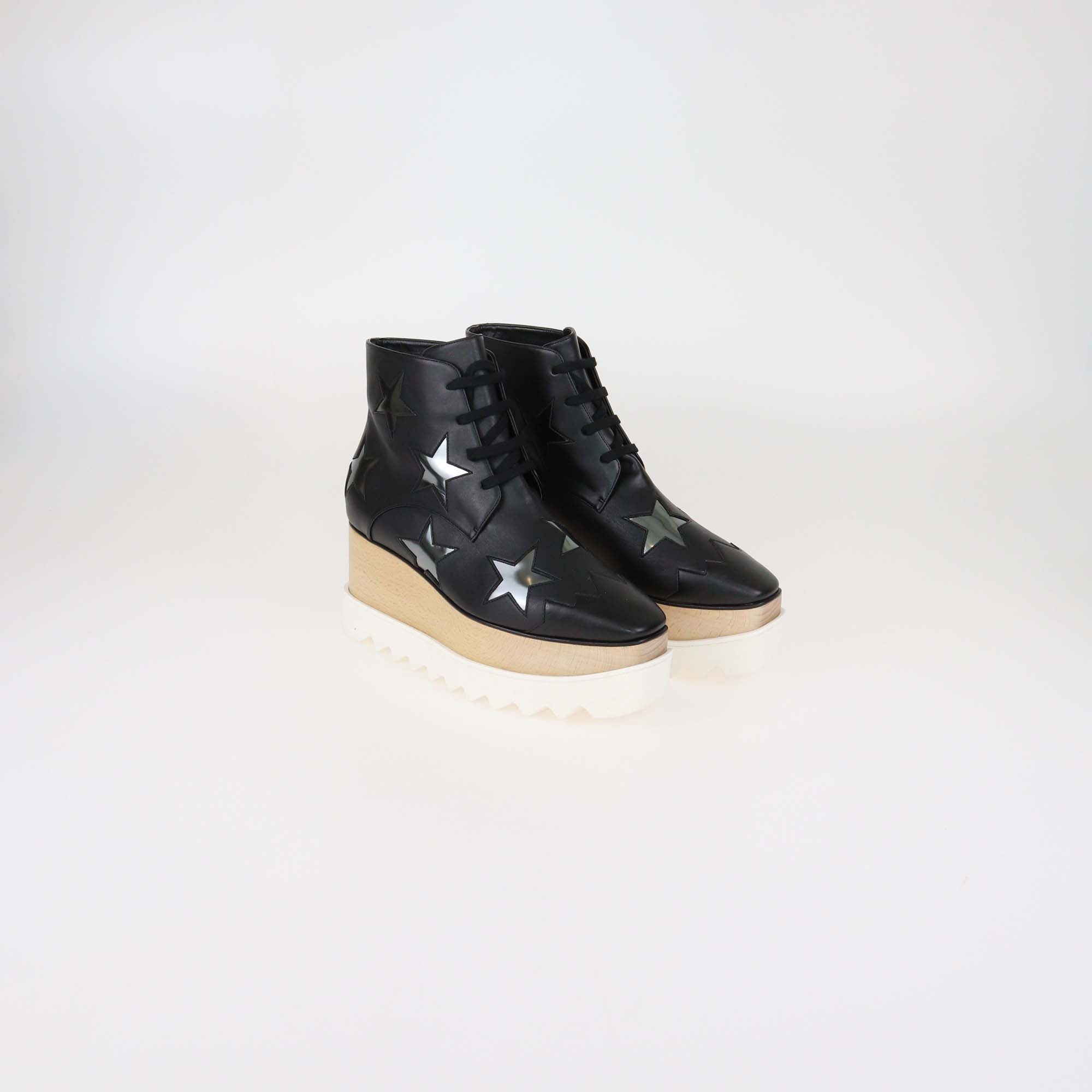Stella McCartney Black Faux Leather Elyse Star Tie Up Platform Sneakers