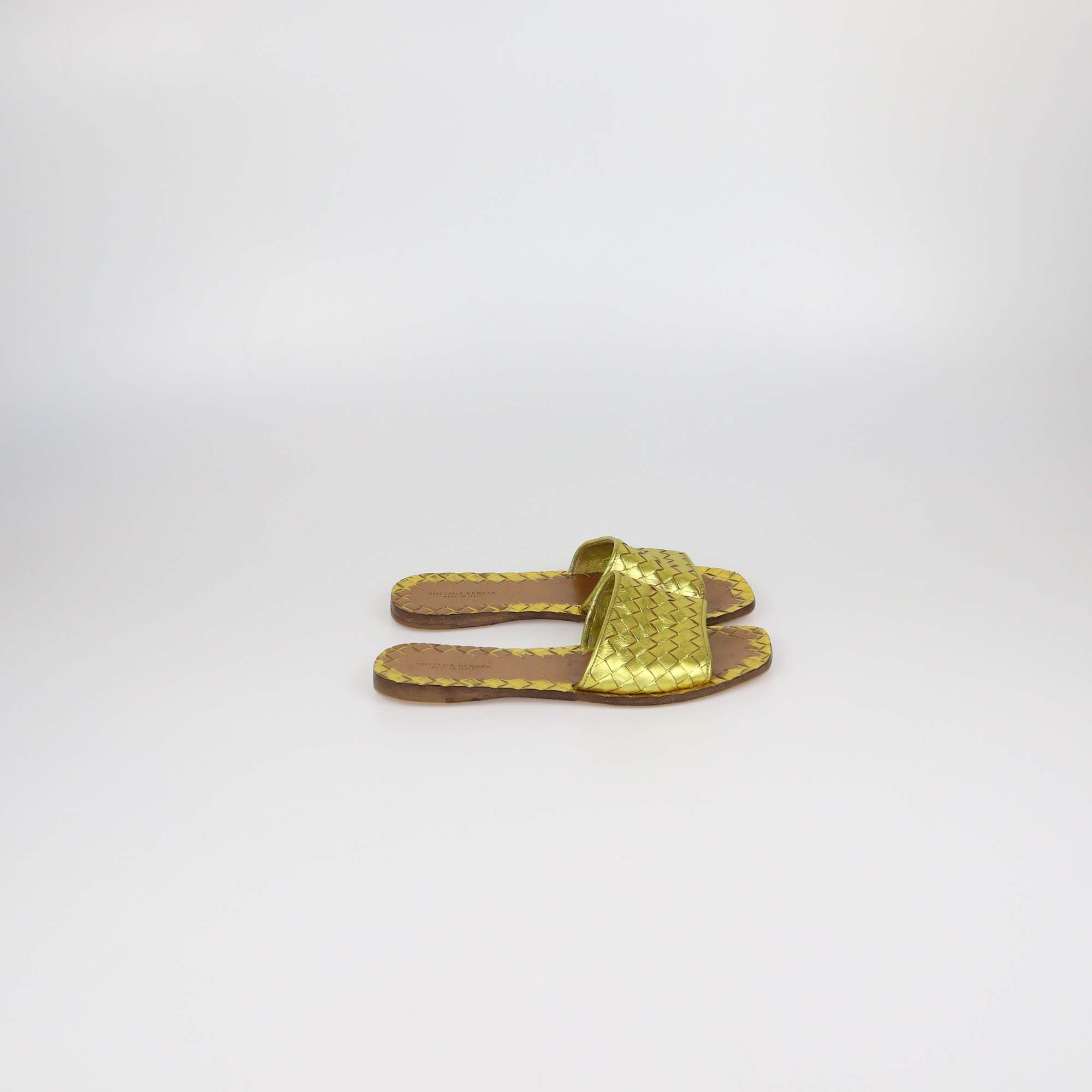 Bottega Veneta Gold Intrecciato Leather Ravello Flats