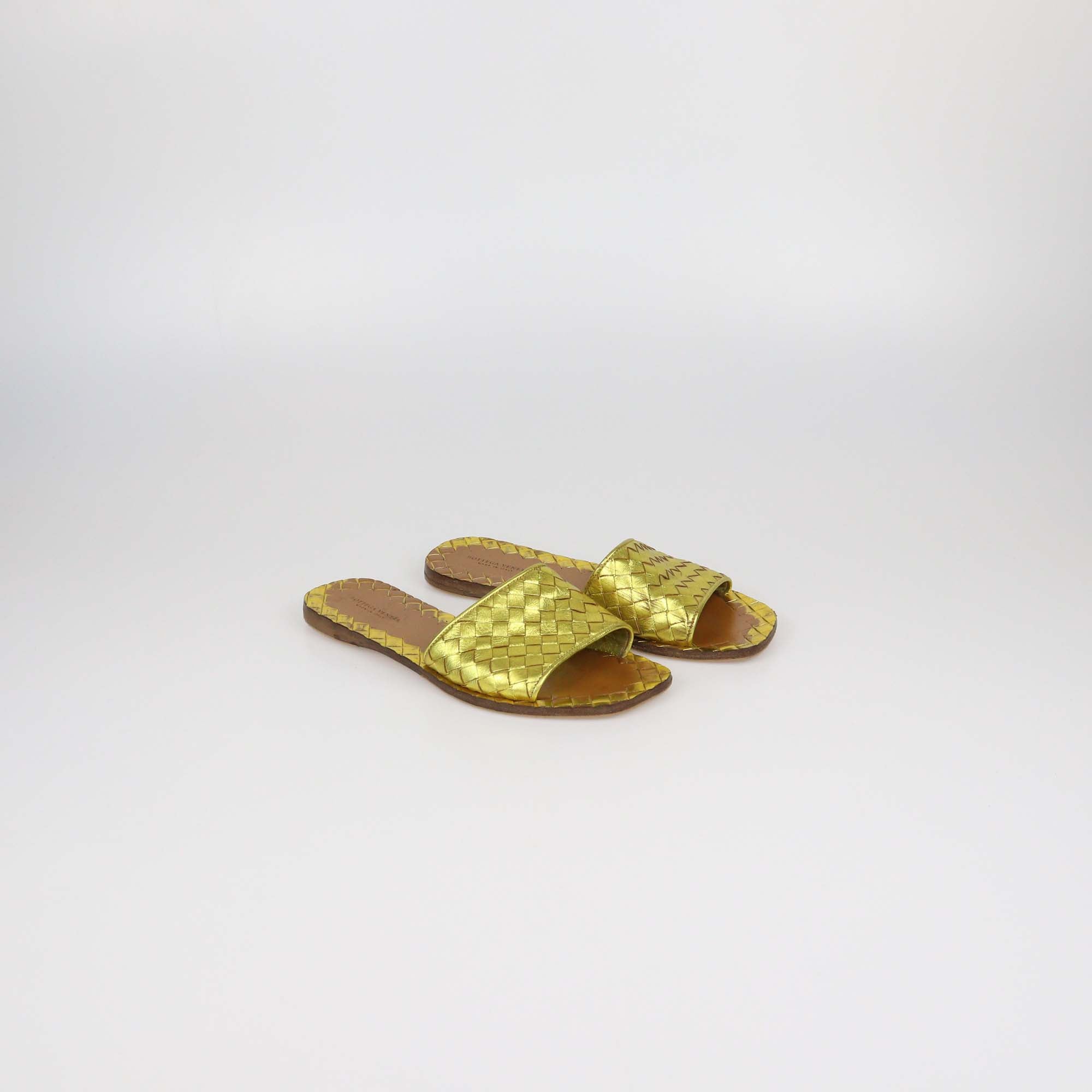 Bottega Veneta Gold Intrecciato Leather Ravello Flats