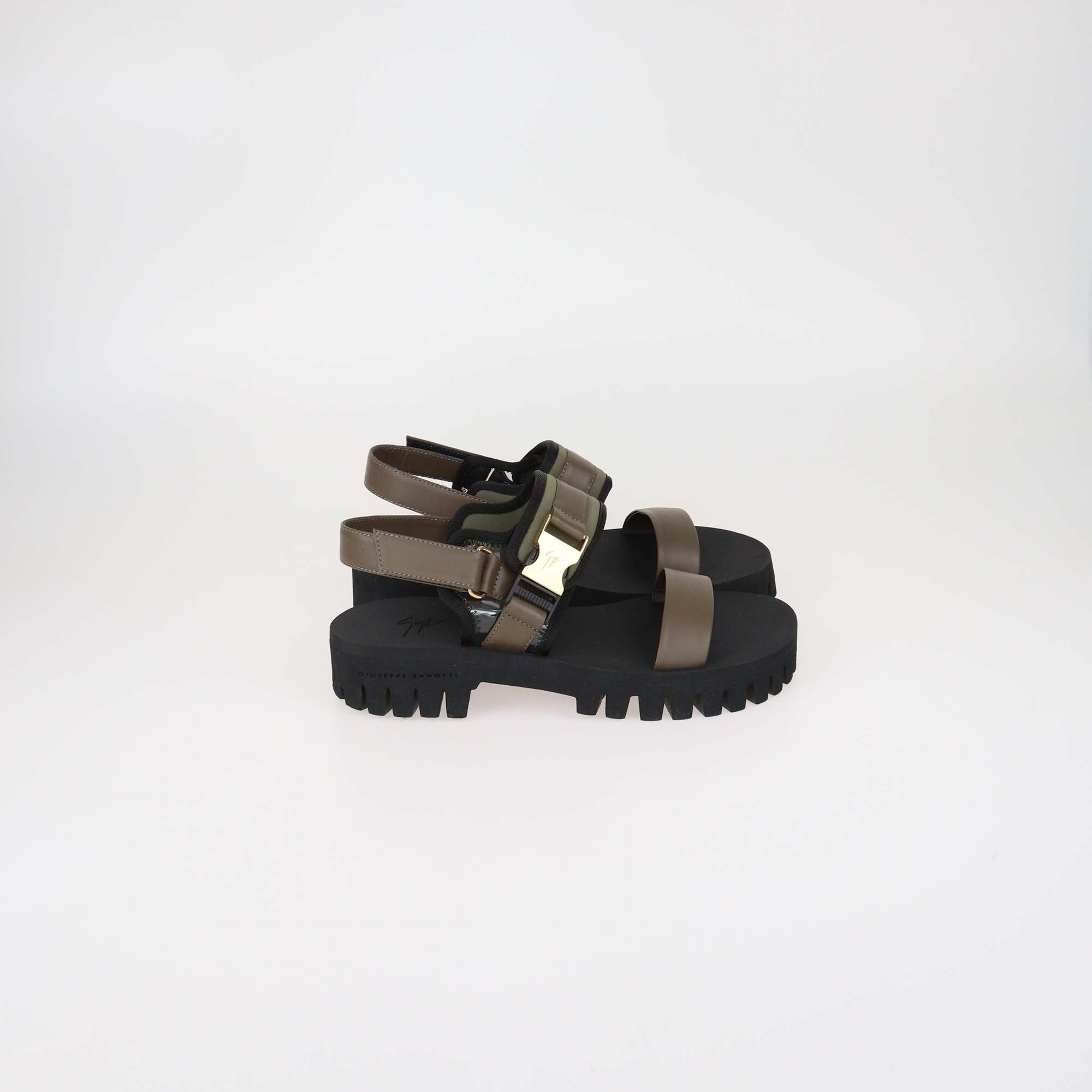 Guiseppe Zanotti Olive Green Leather and Technical Fabric Mederic Sandals