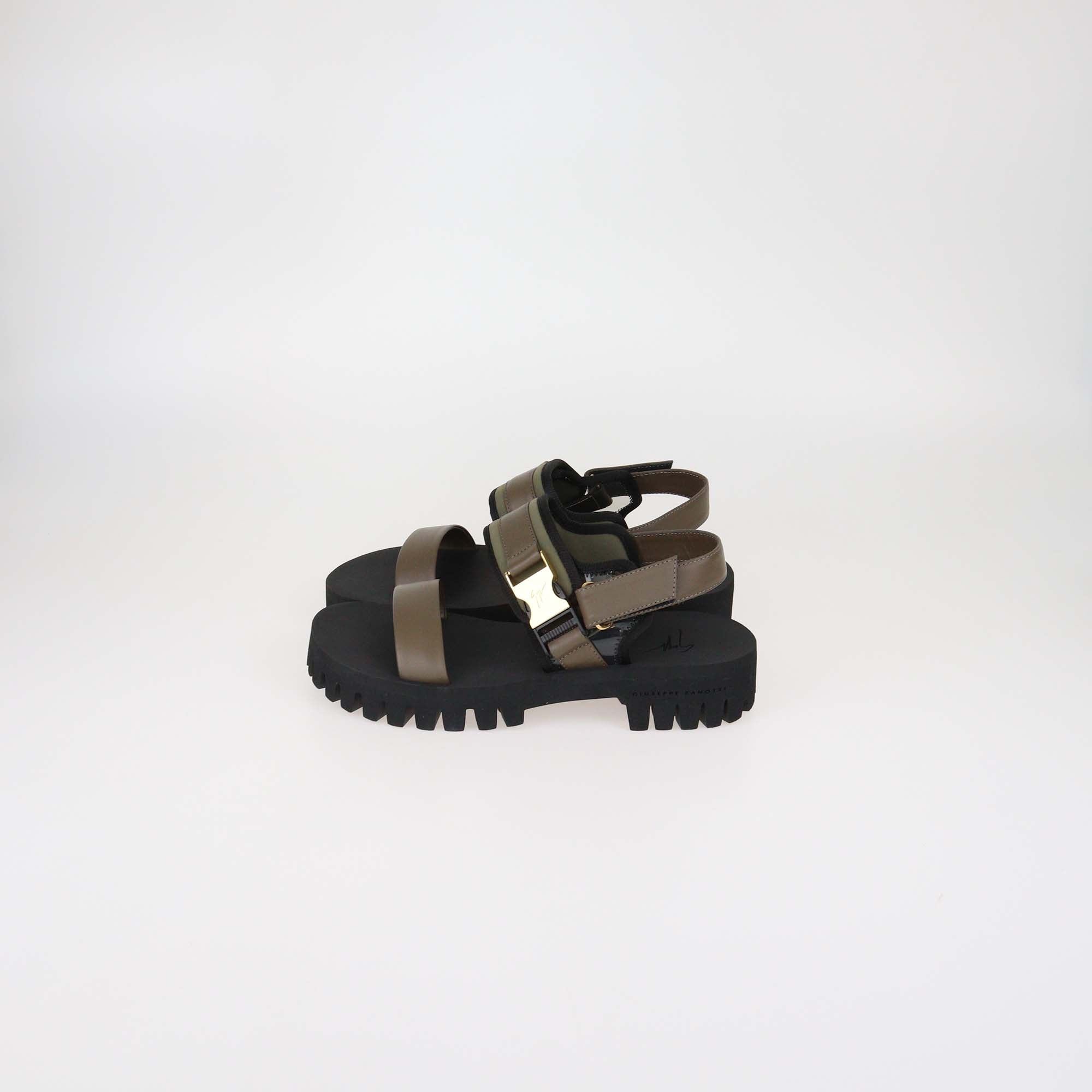 Guiseppe Zanotti Olive Green Leather and Technical Fabric Mederic Sandals