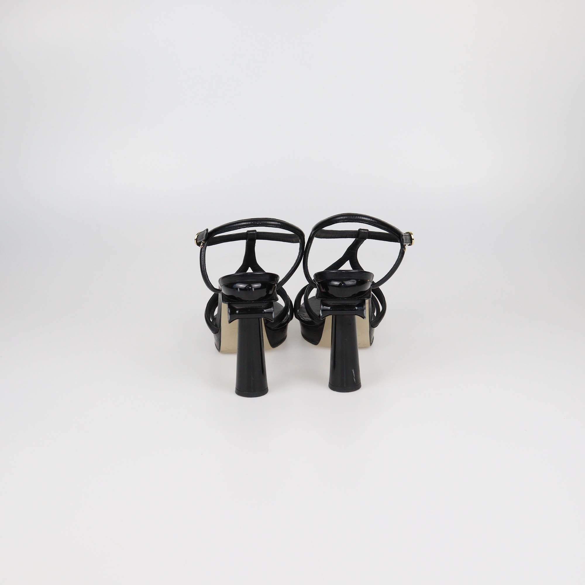 Chanel Black Patent Leather Parthenon Grecian Platform Sandals