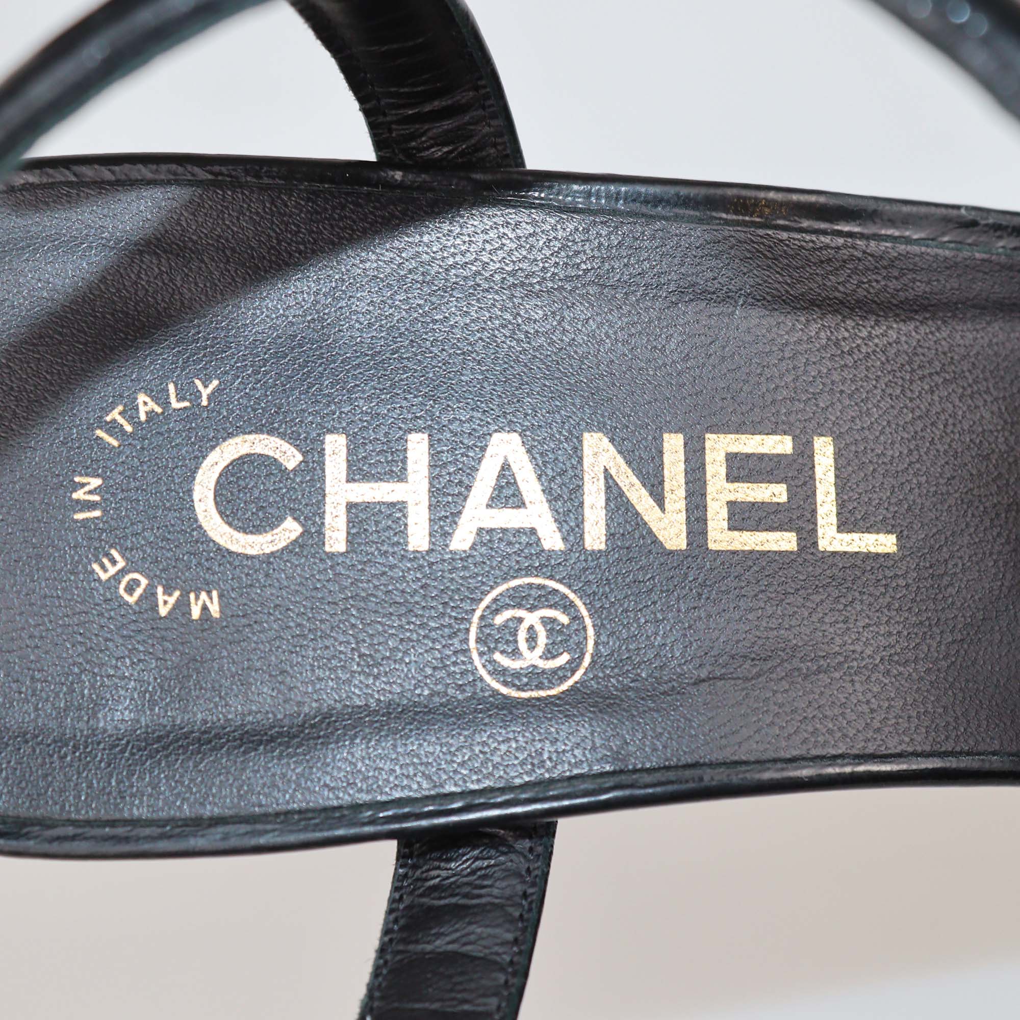 Chanel Black Patent Leather Parthenon Grecian Platform Sandals