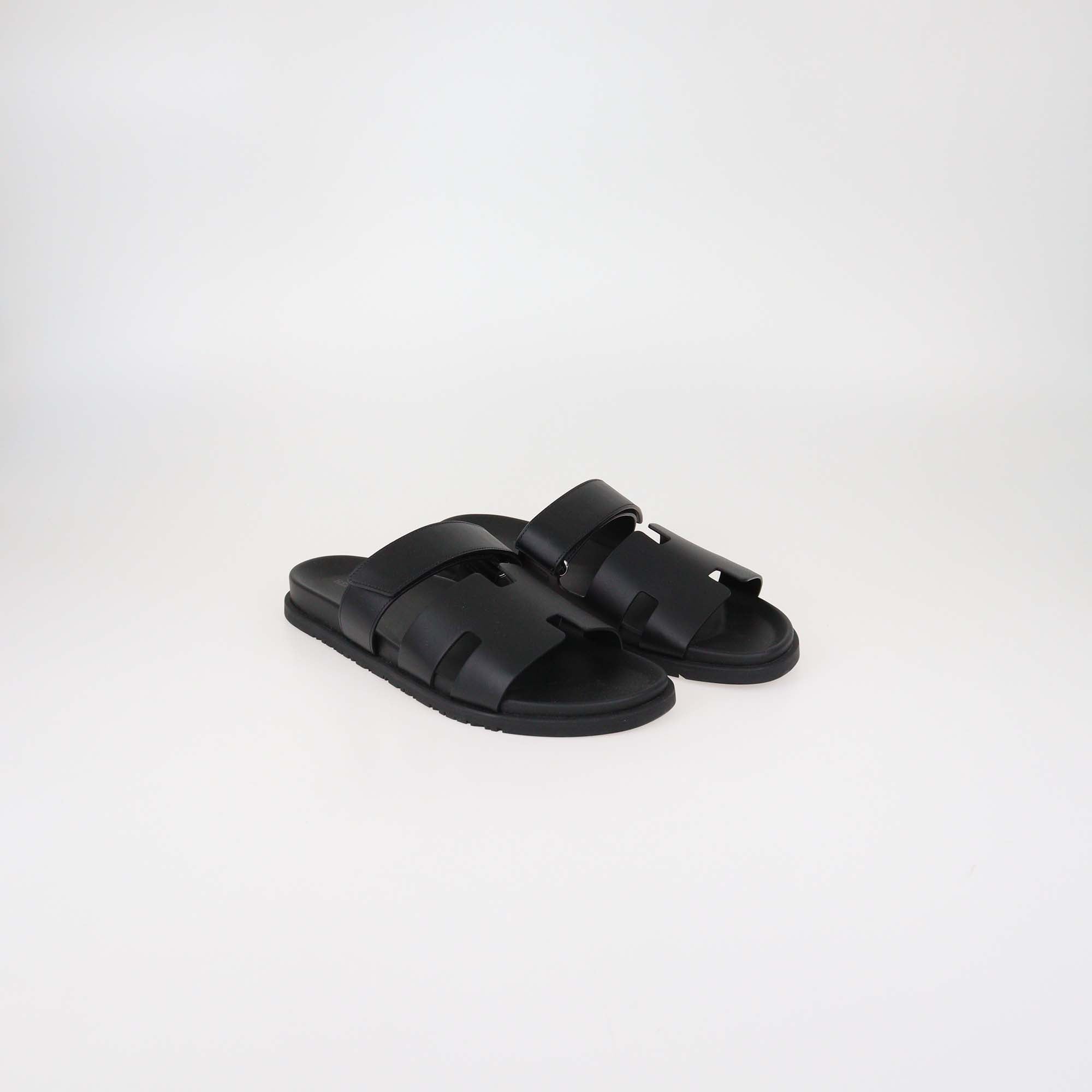 Hermes Black Leather Chypre Sandals