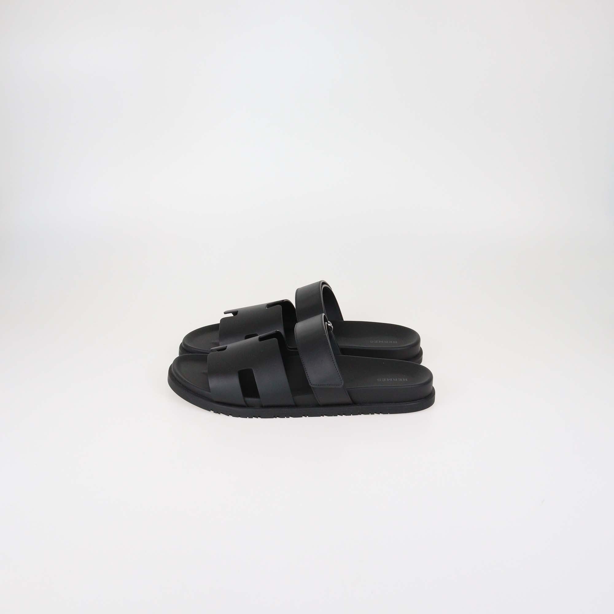 Hermes Black Leather Chypre Sandals