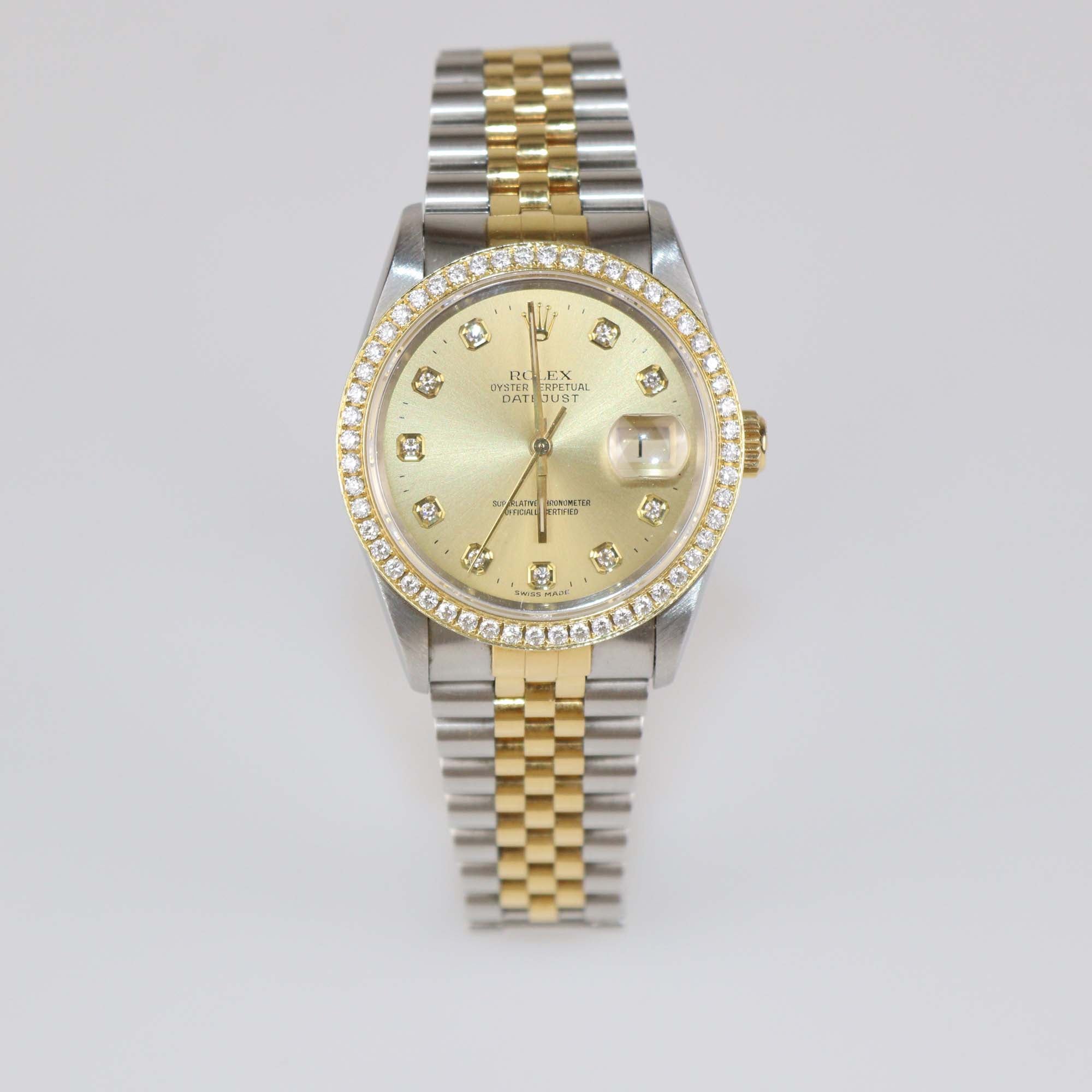Rolex 18K Yellow Gold Stainless Steel Champagne Dial Diamond Datejust 36 mm Watch