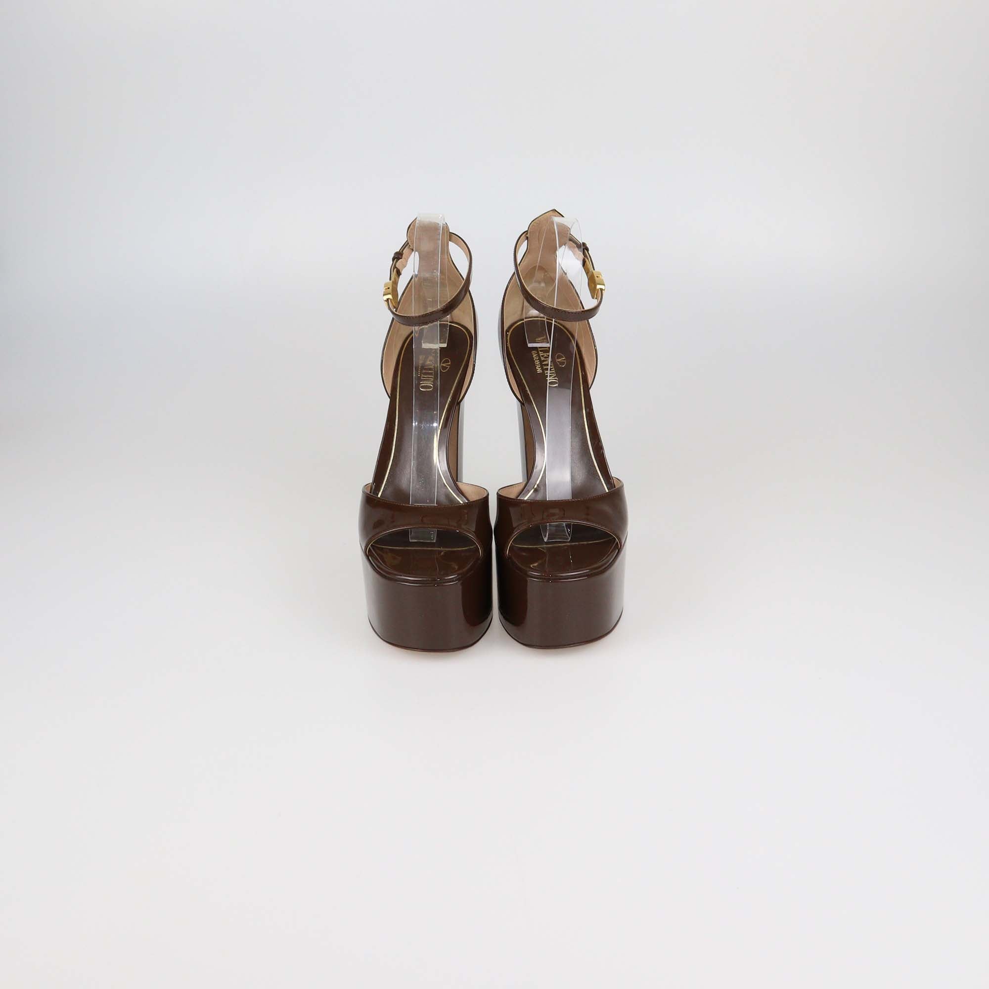 Valentino Brown Patent Leather Platform Ankle Strap Sandals