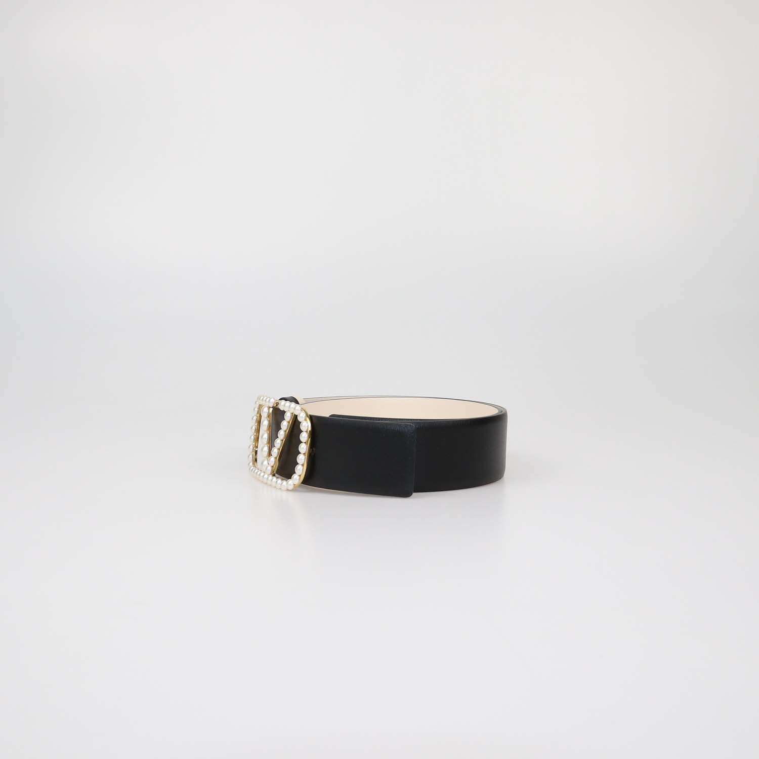 Valentino Black/White Leather VLogo Pearl Embellished Reversible Belt
