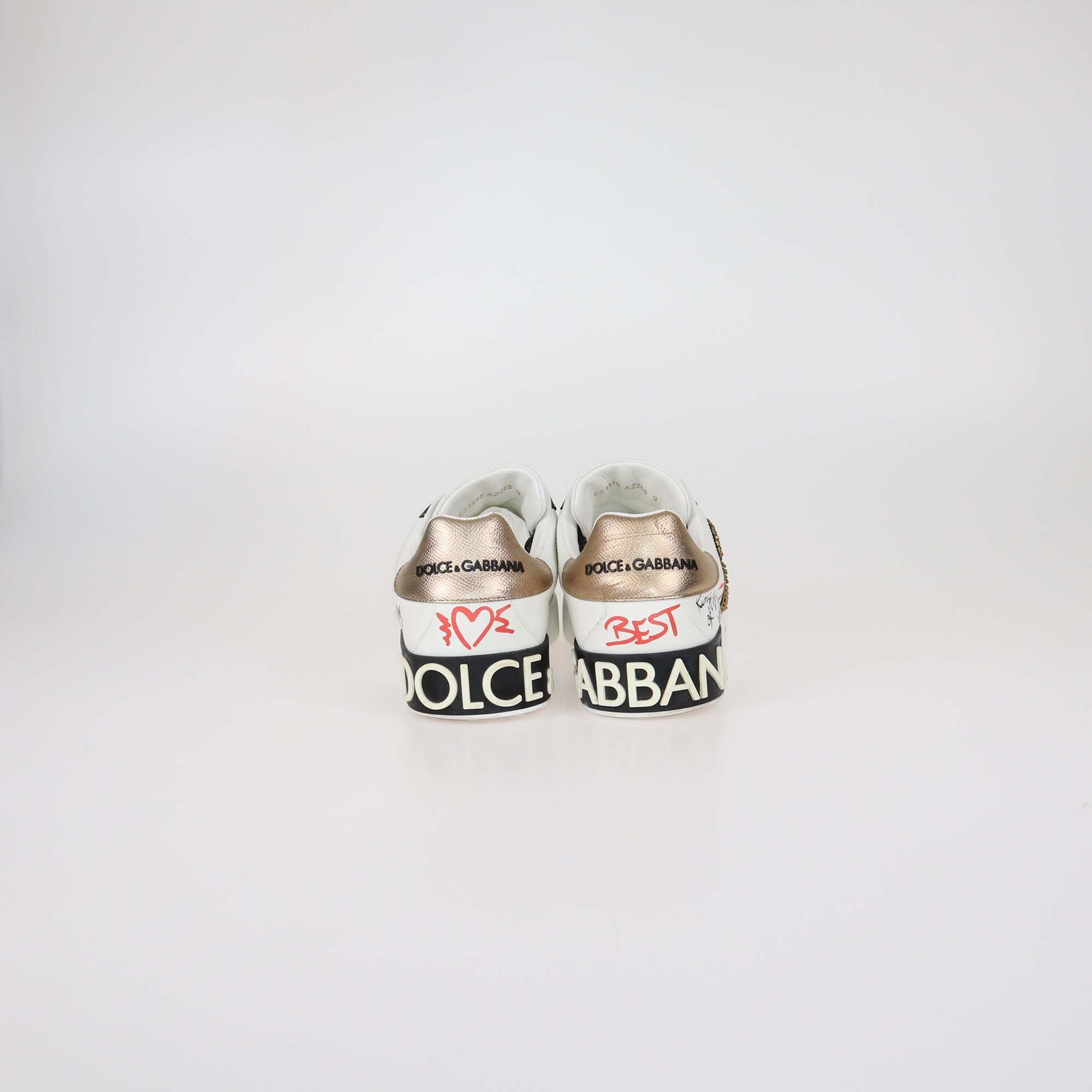 Dolce & Gabbana White Leather Printed Portfolio Low Top Sneakers