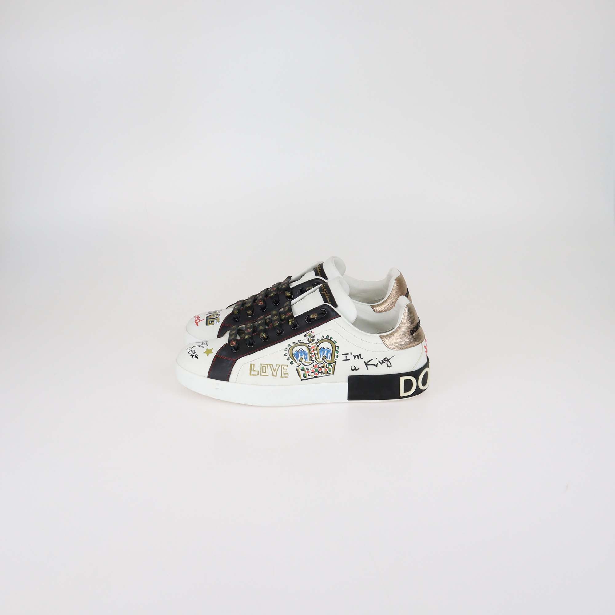 Dolce & Gabbana White Leather Printed Portfolio Low Top Sneakers