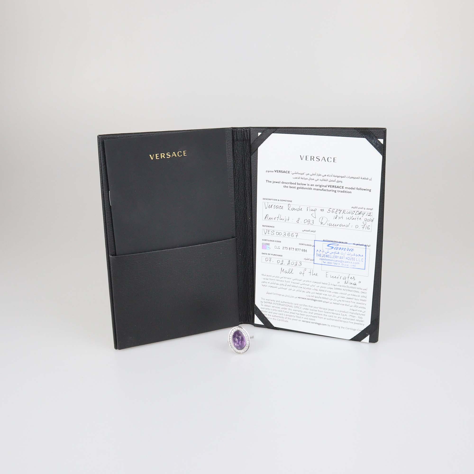 Versace 18K White Gold Diamond Amethyst Cocktail Ring