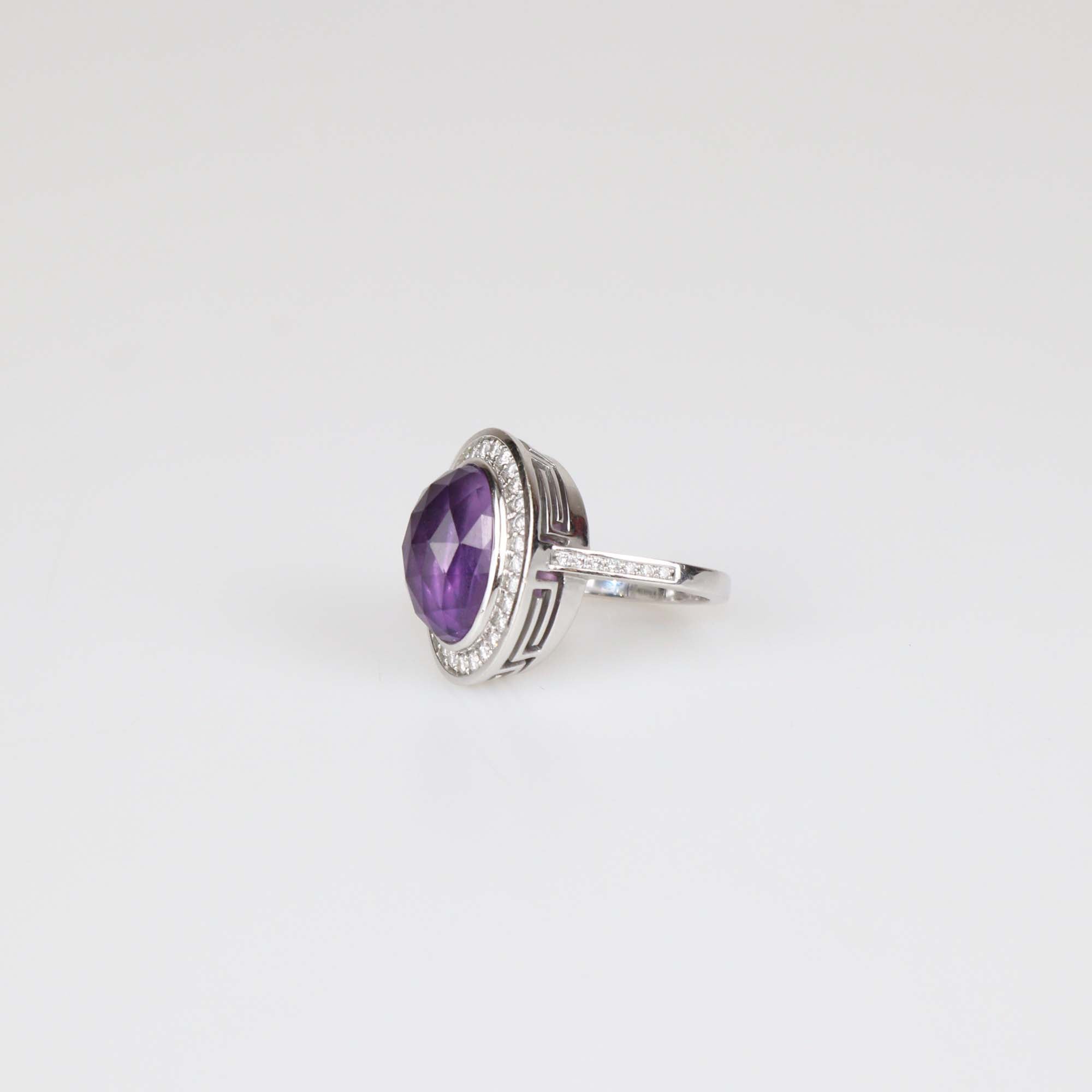 Versace 18K White Gold Diamond Amethyst Cocktail Ring