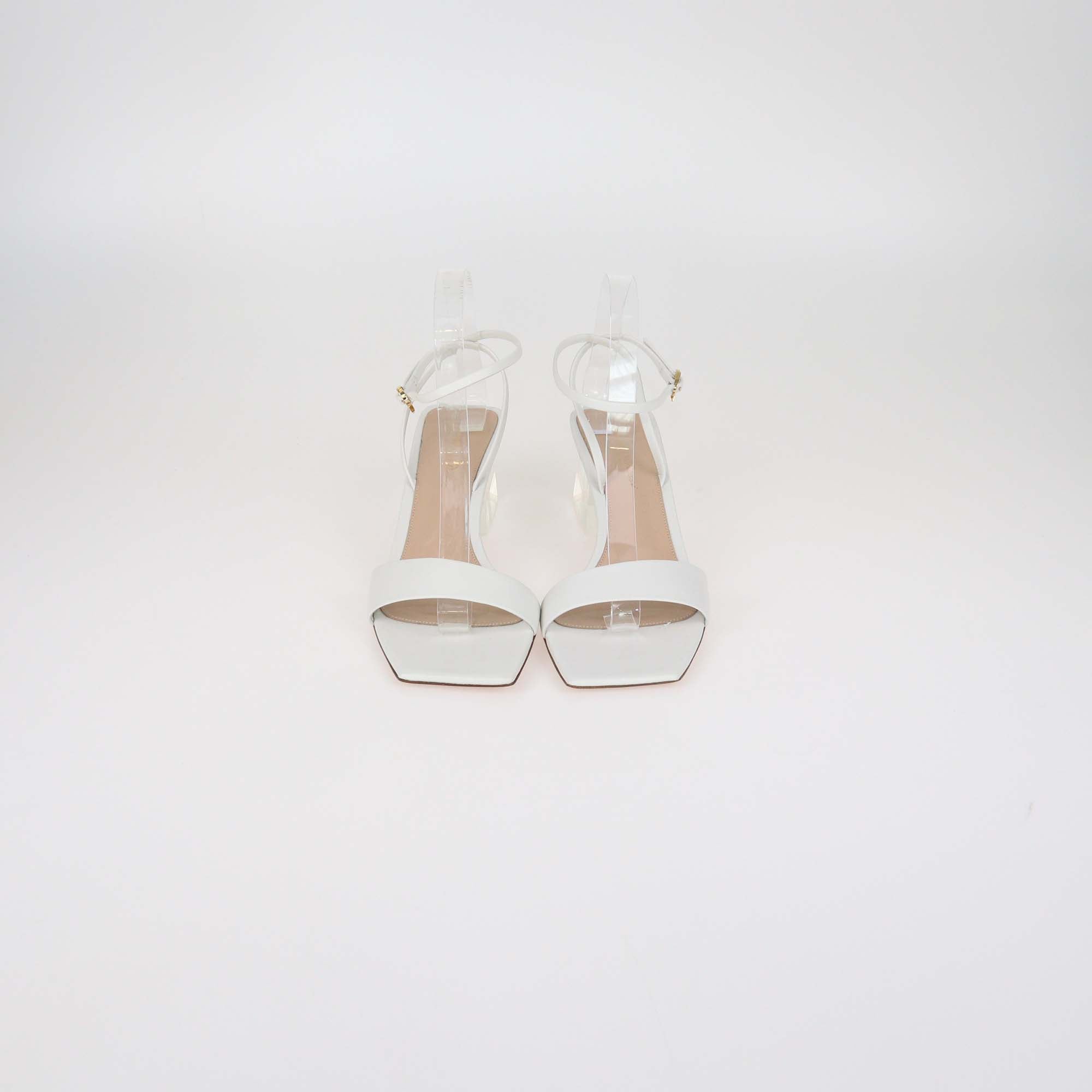 Gianvito Rossi Cosmic White Leather Plexi Clear Heel Ankle Strap Sandals