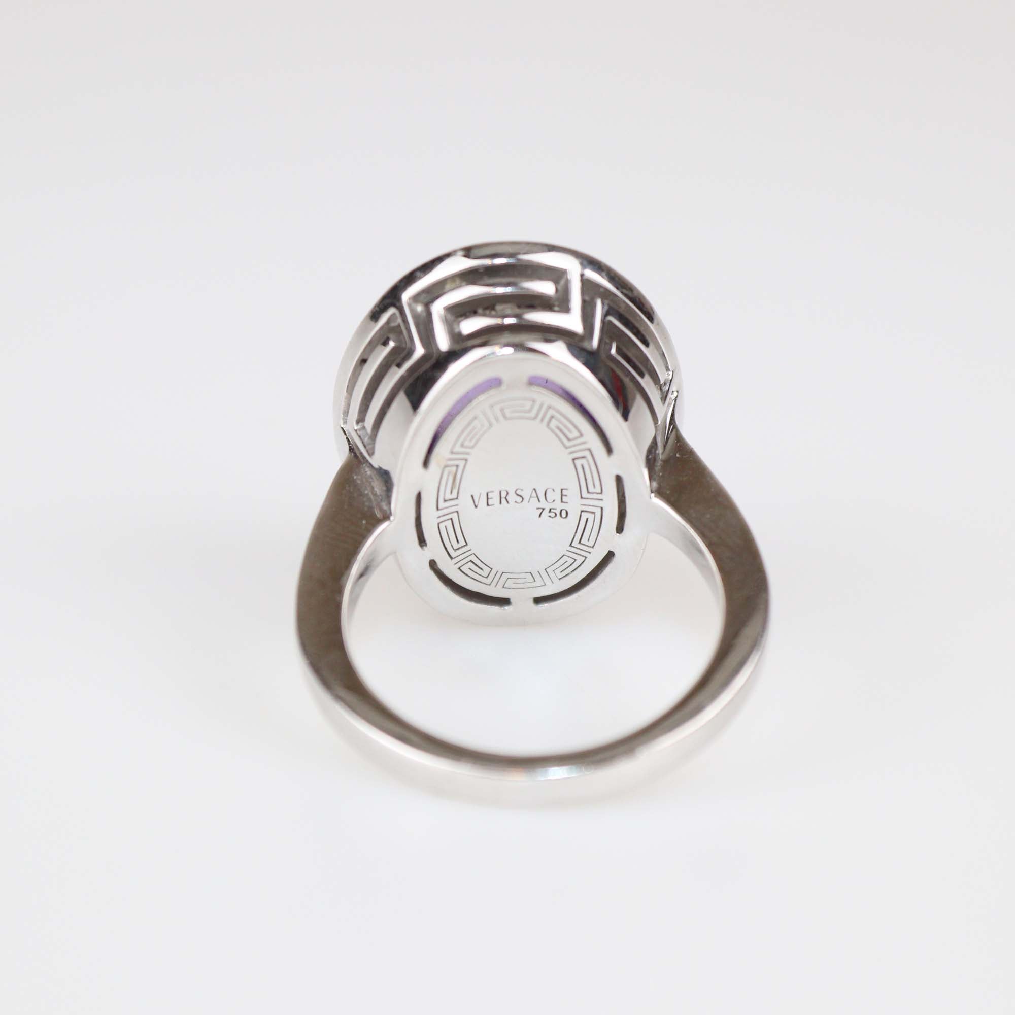 Versace 18K White Gold Diamond Amethyst Cocktail Ring