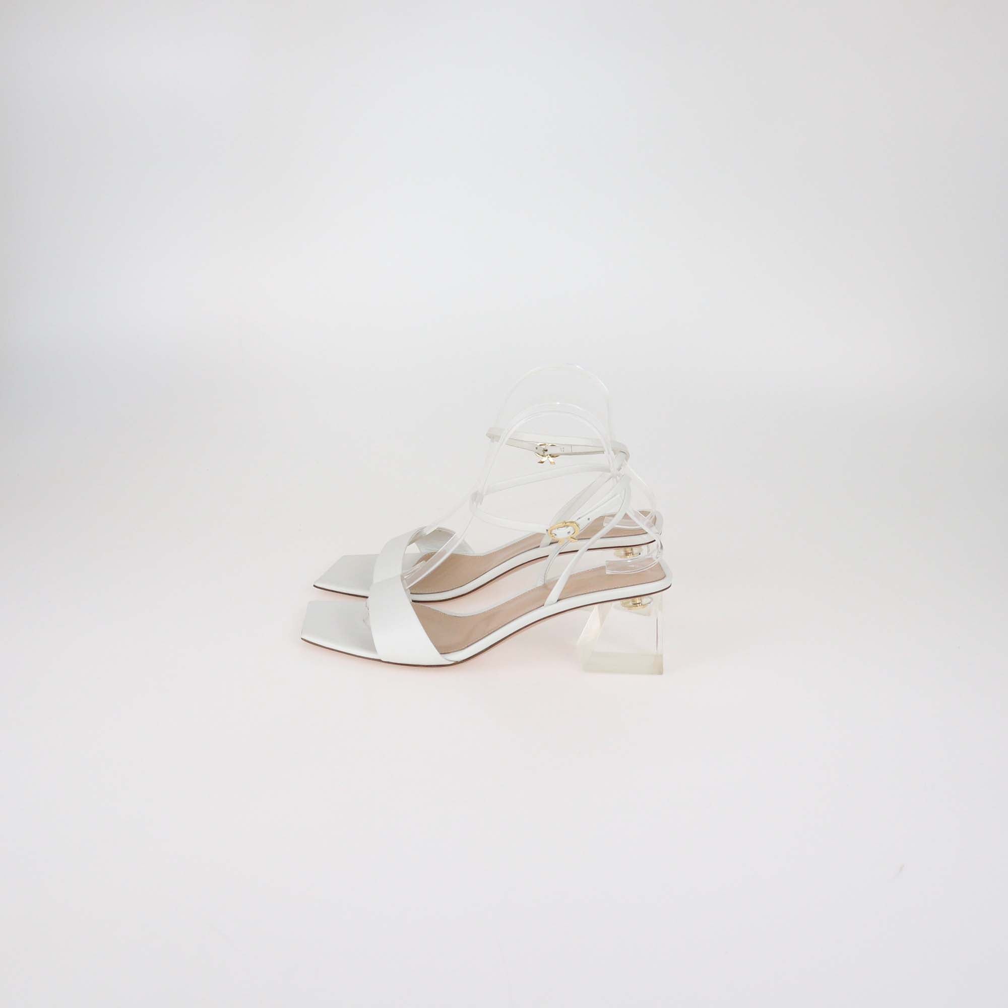 Gianvito Rossi Cosmic White Leather Plexi Clear Heel Ankle Strap Sandals