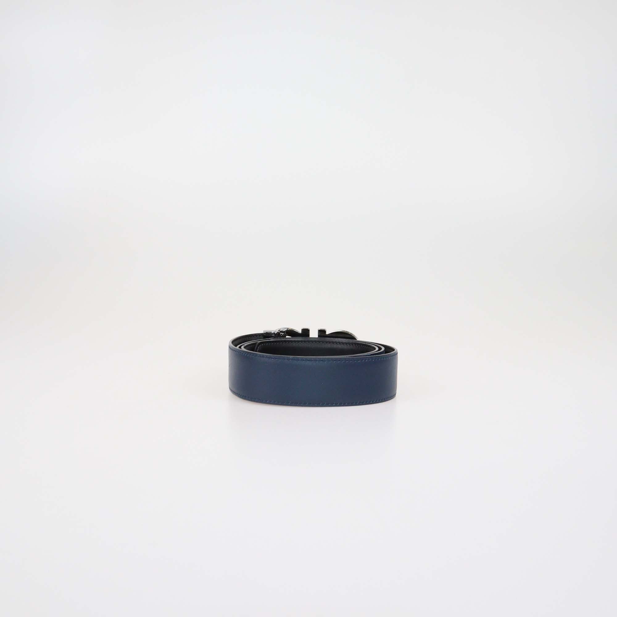 Salvatore Ferragamo Navy Blue/Black Leather Reversible Gancini Buckle Belt