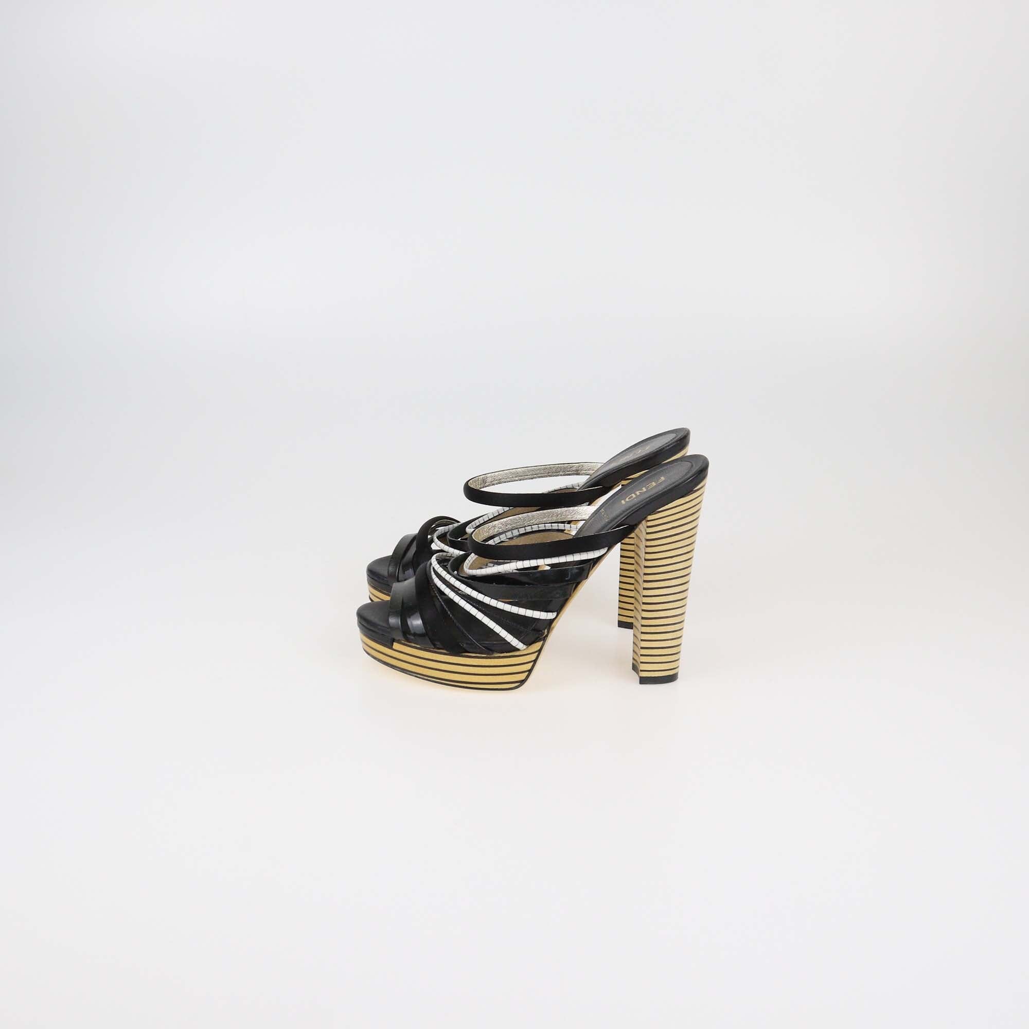 Fendi Black/White Strappy Platform Slide Sandals Womens Fendi