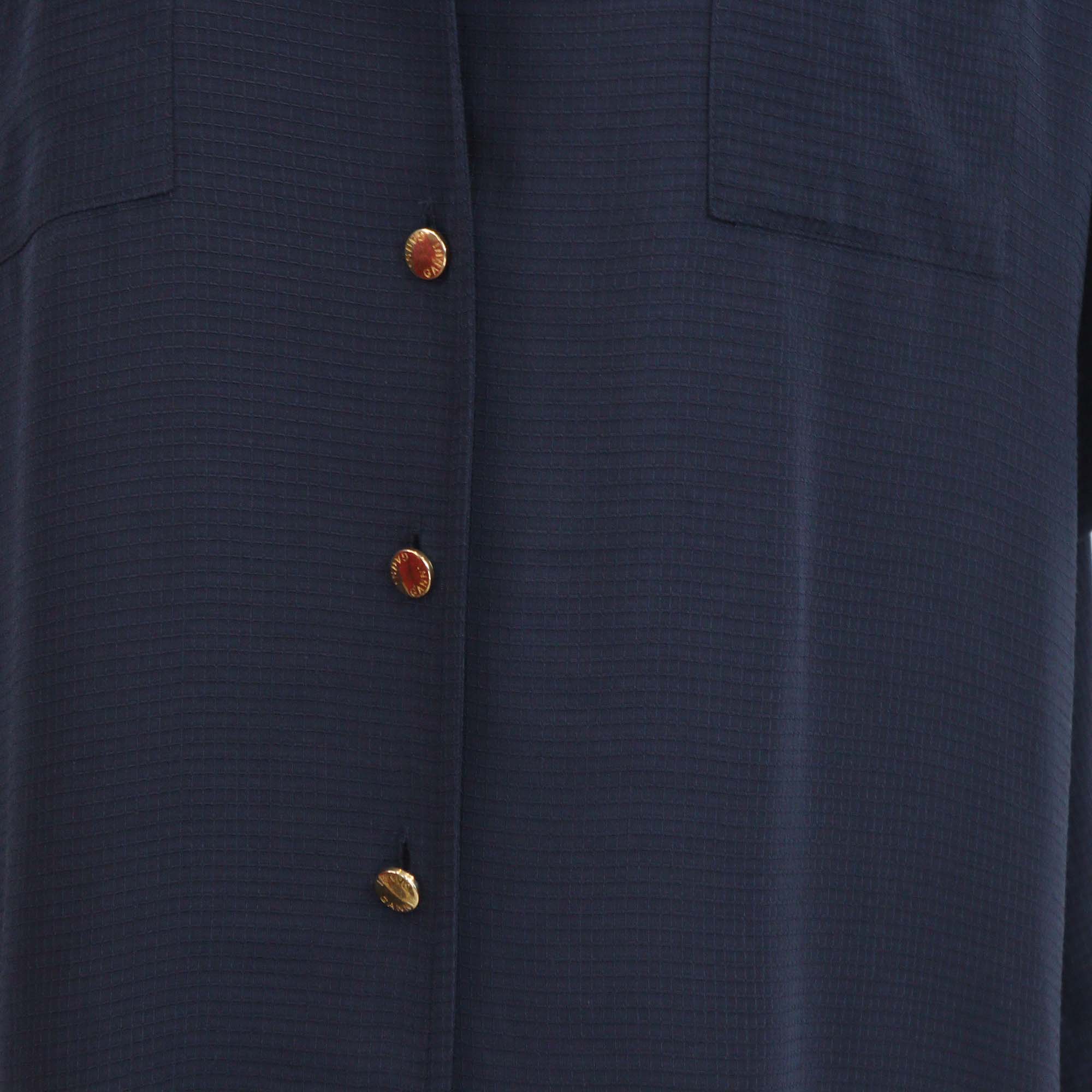 Ganni Navy Blue Viscose Woven Pattern Button Front Shirt