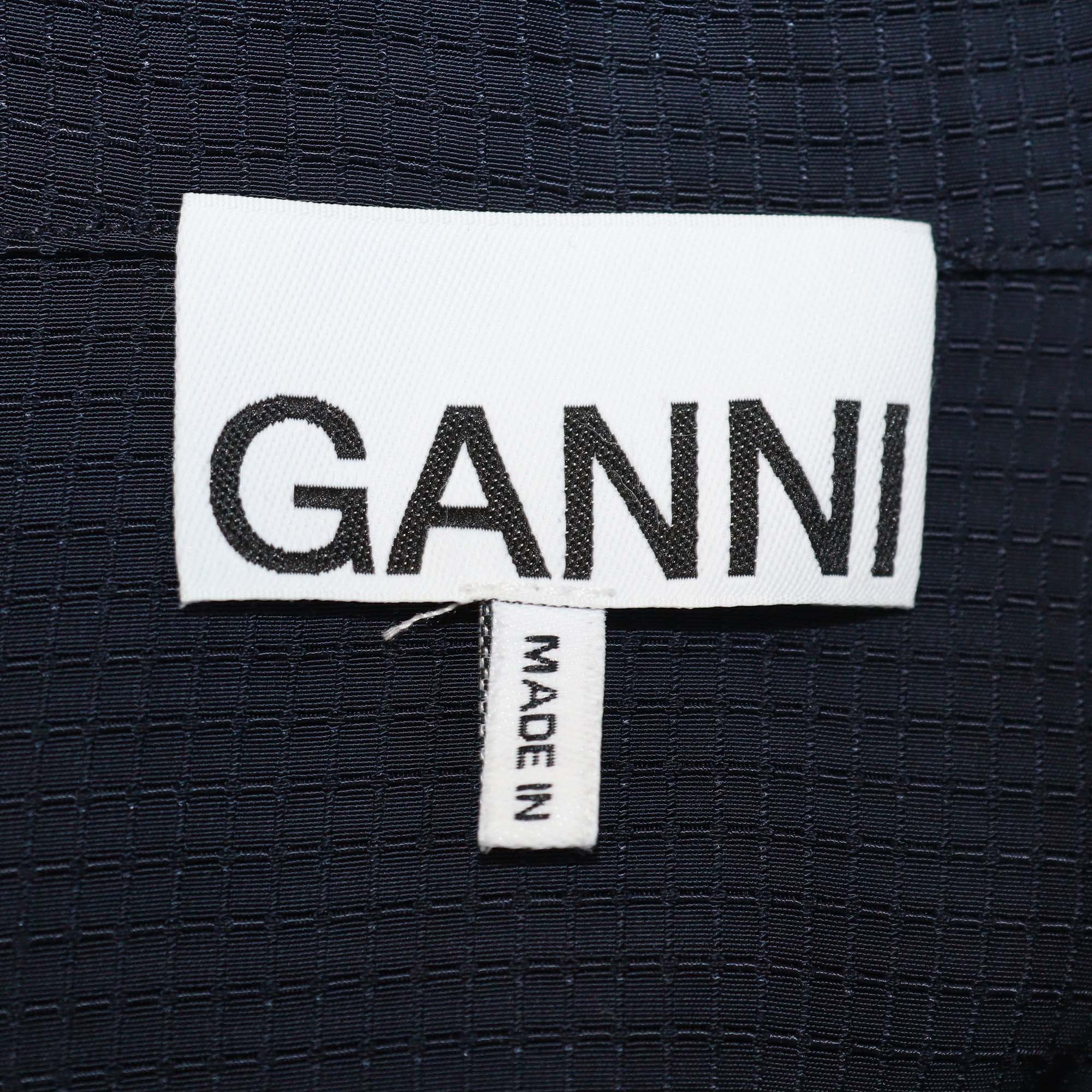 Ganni Navy Blue Viscose Woven Pattern Button Front Shirt