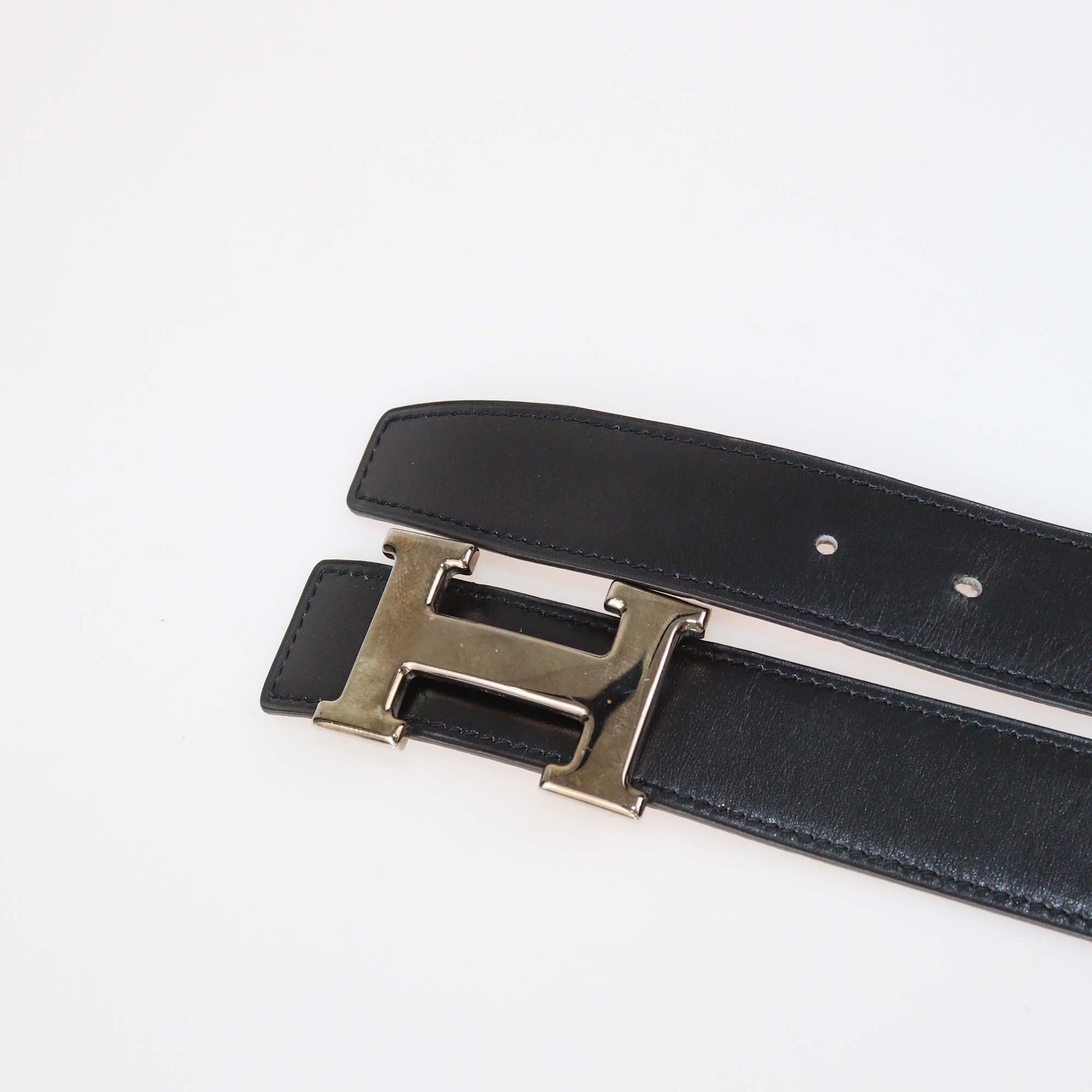 Hermes Black/Gold Box Calf & Togo Leather Reversible H Buckle Belt